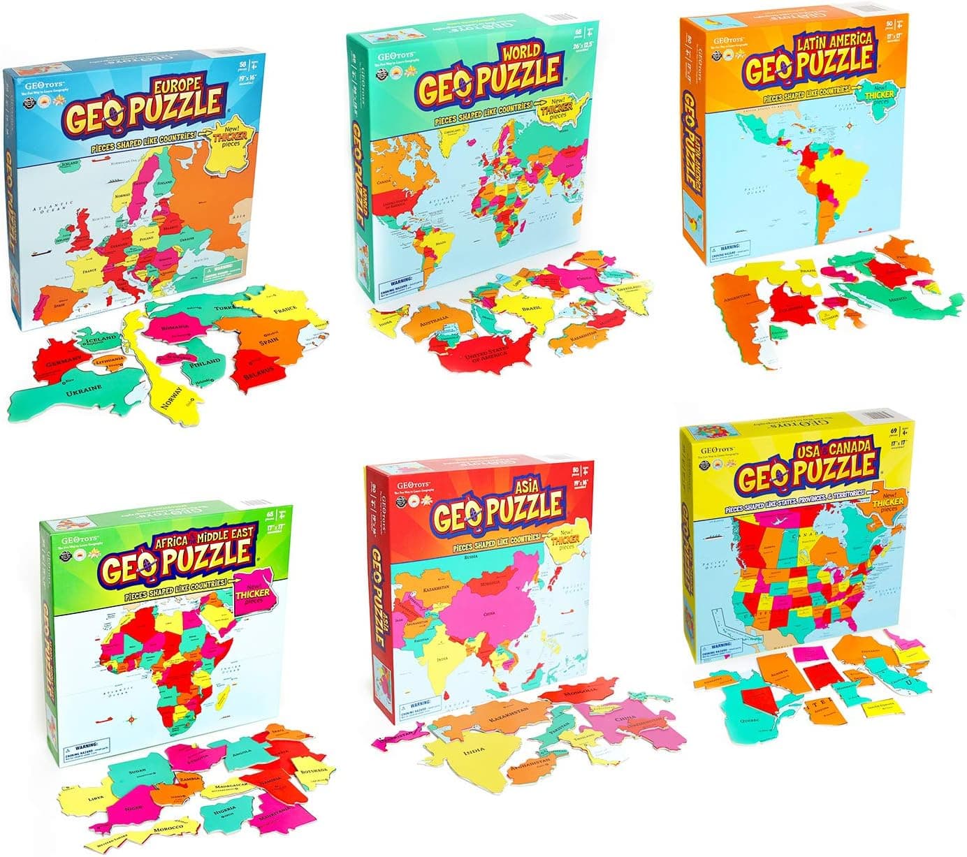 GeoToys — Set of 6 GeoPuzzles in Individual Boxes — Educational Kid Toys for Boys and Girls, 50+ Piece Geography Jigsaw Puzzles, Jumbo Size Kids Puzzles — Ages 4 and up