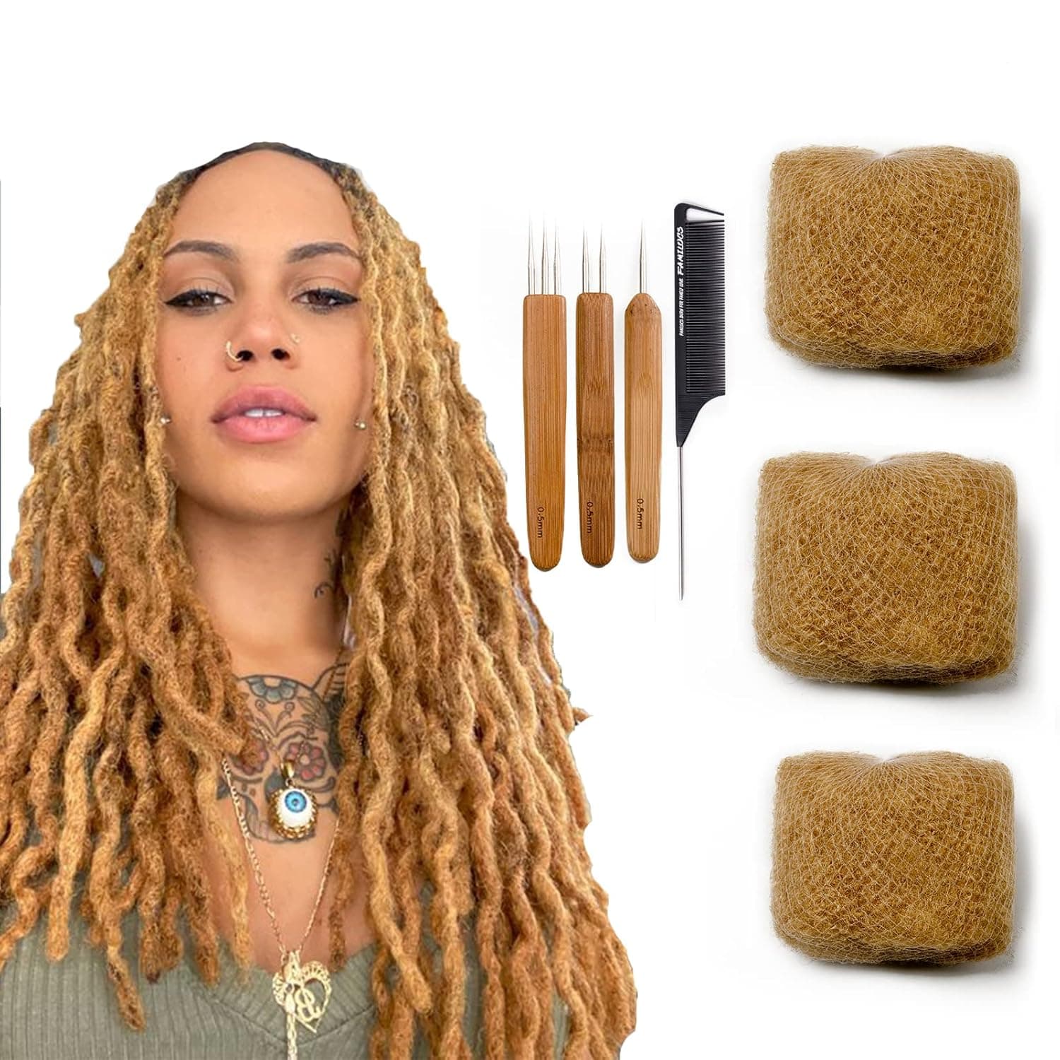 FAMILOCS Tight Afro Kinky Bulk 100 % Human Hair for Draedlock Extensions, Repair Locs, Twists and Braids (8 Inch, 27 Honey Blonde, 3 Bundles with Crochet Needle Set and Rat Tail Comb)