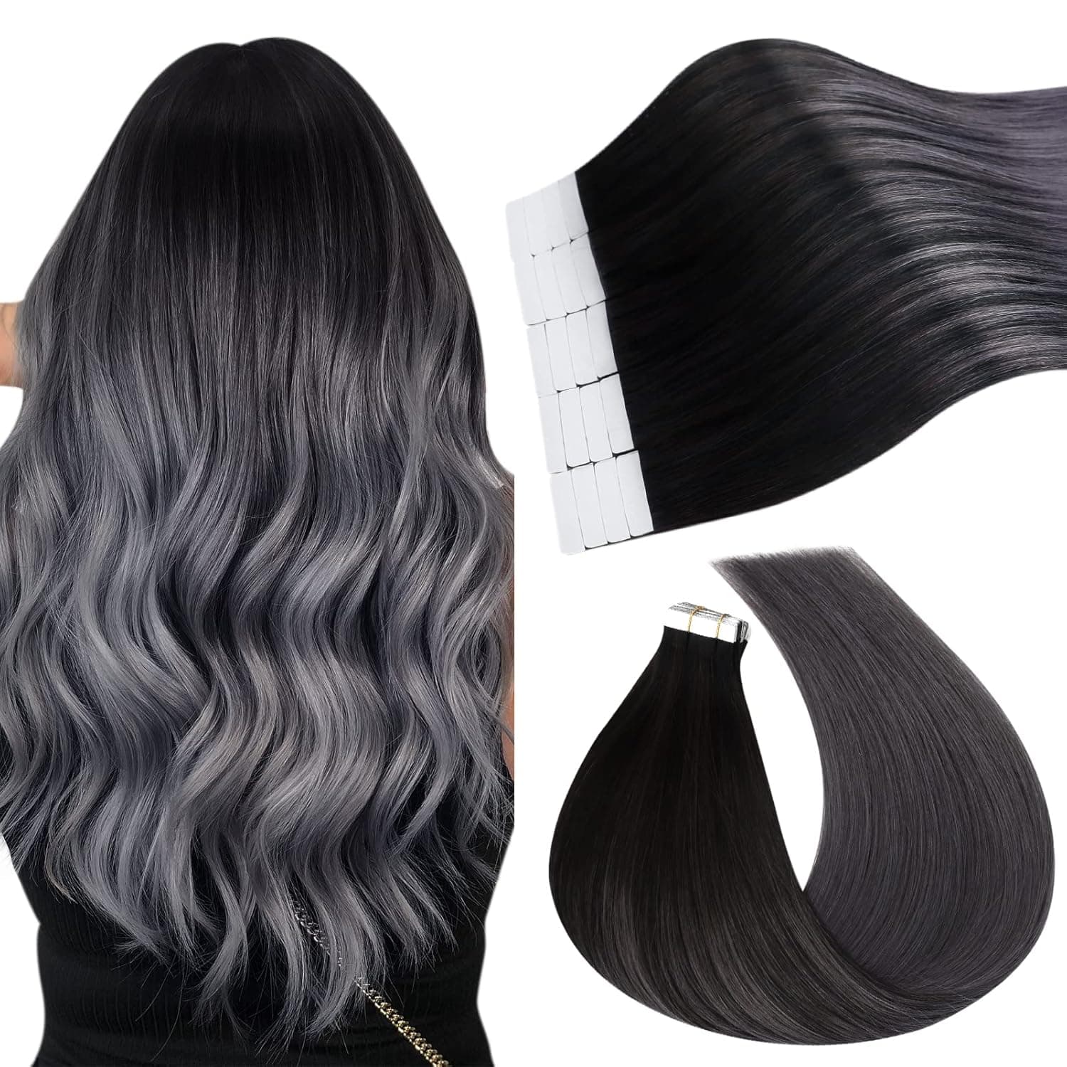 Ugeat Tape in Hair Extensions Human Hair,18 Inch 50g Black Ombre Tape in Real Remy Brazilian Human Hair Extensions Seamless Invisible Natural Black Fading to Silver 20pcs