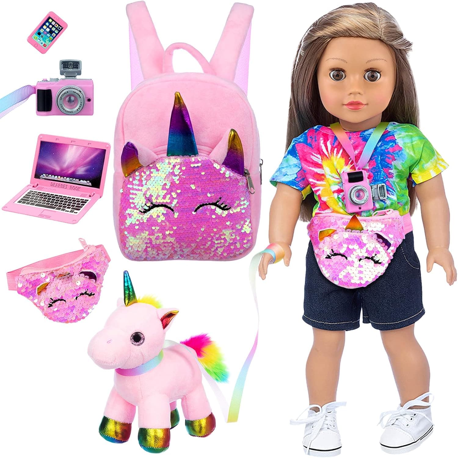 Ecore Fun 6 Piece 18 Inch Girl Doll Accessories Included Doll Pet Toy Phone Laptop Camera Fit for 18 Inch Girl Doll and Unicorn Backpack for Kids-Best Gift for Your Child