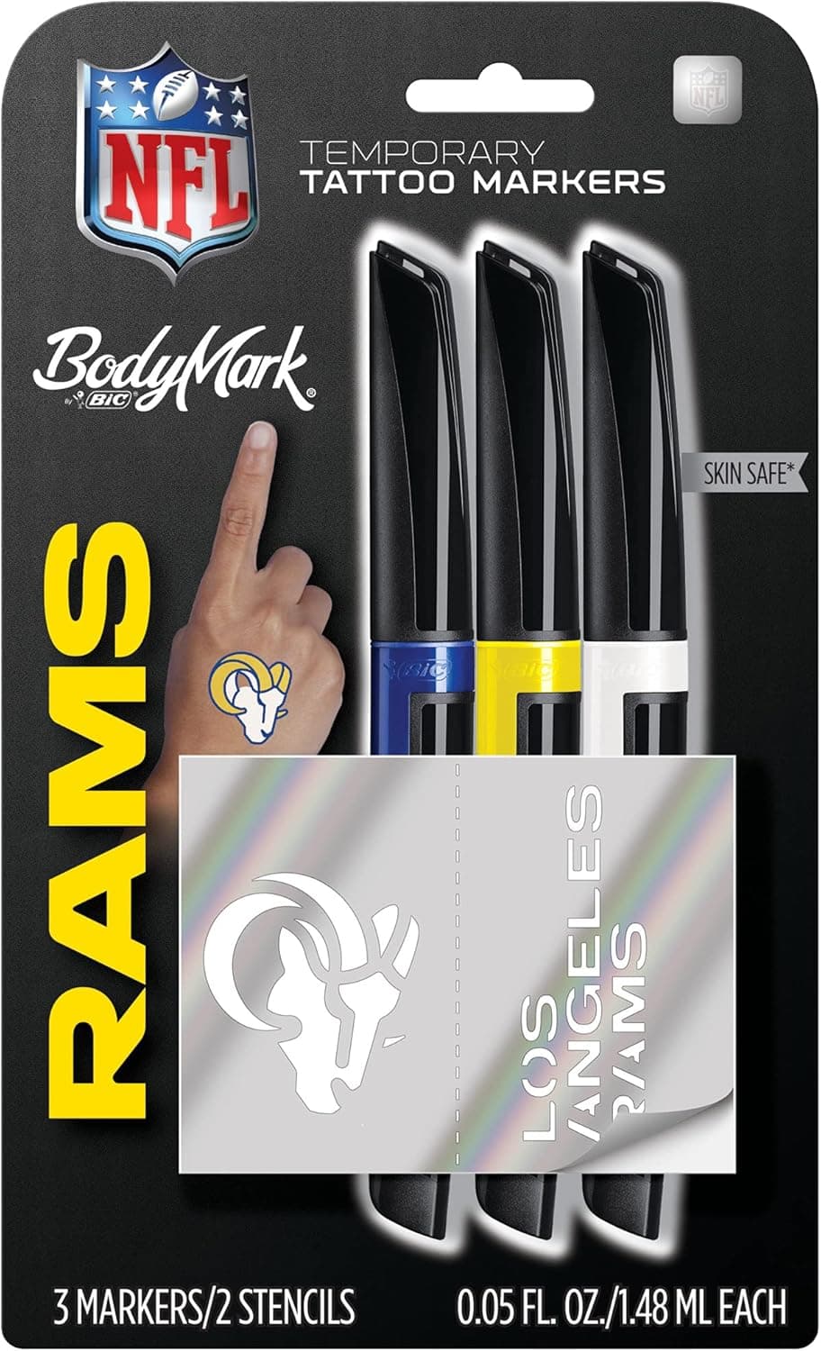 BIC BodyMark, Temporary Tattoo Marker, NFL Series, Los Angeles Rams, Skin Safe, Brush Tip, Assorted Colors, 3-Pack with Stencils