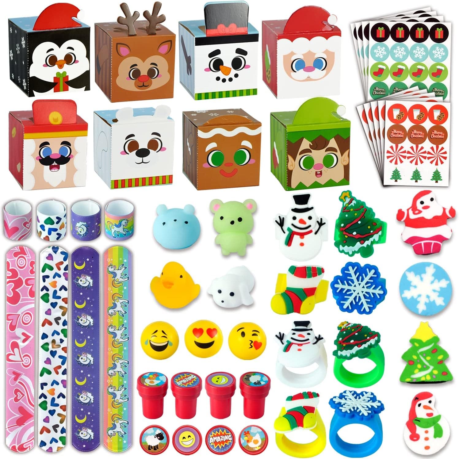 JOYIN 24 Pcs Christmas 3D Character Boxes with Party Favors, Cookie Boxes, Stickers, Stamps, Mochi Squishies, Xmas Slap Bands Wristband for Kids Classroom Prizes Gift Exchange