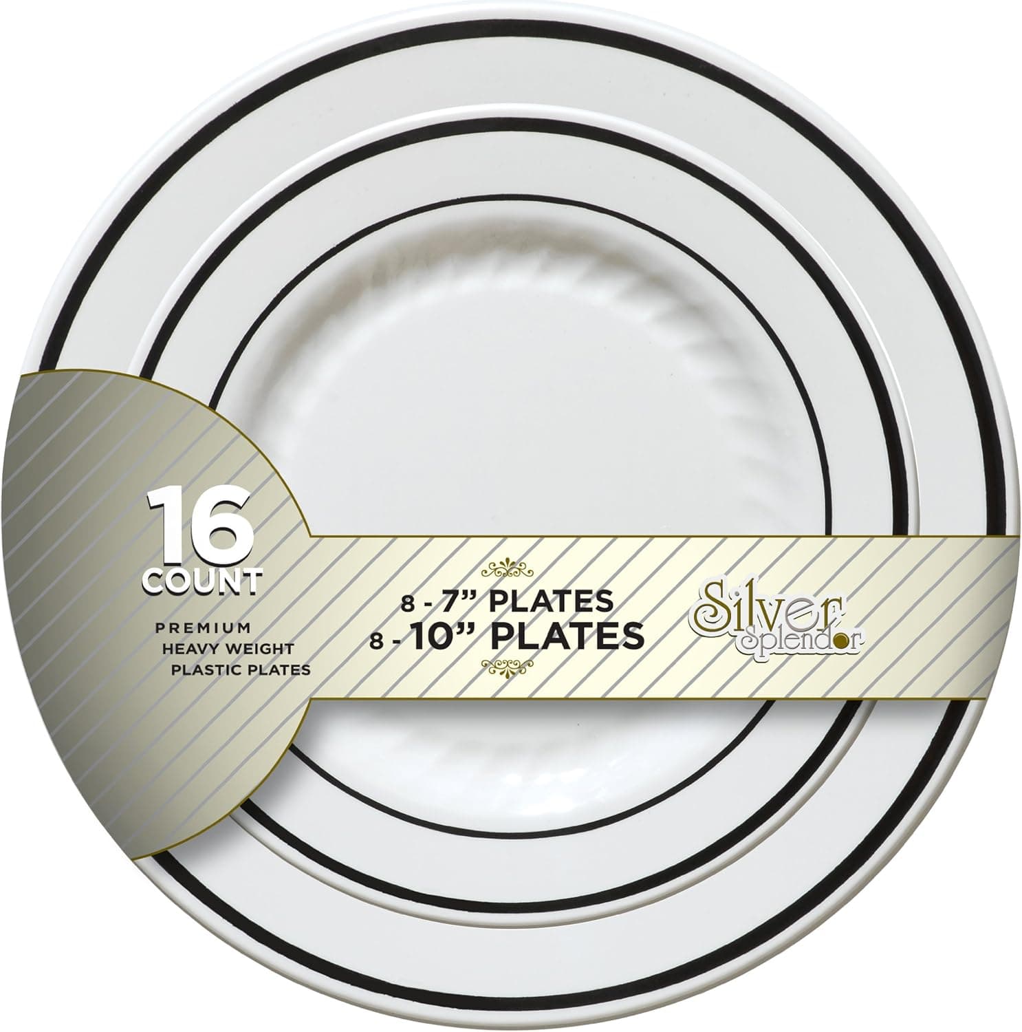 Fineline Settings Round Plastic Set-7.5" and 10.25" | White with Silver Rim | Pack of 16 Plate