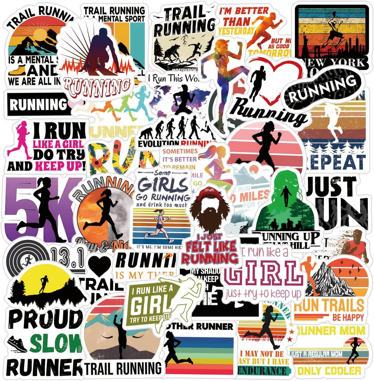 Running Stickers 63PCS Run Stickers Pack Sport Stickers Vinyl Waterproof Stickers for Water Bottle Luggage Car Bumper Bicycle Phone Notebook for Girls Kids Teens Adult