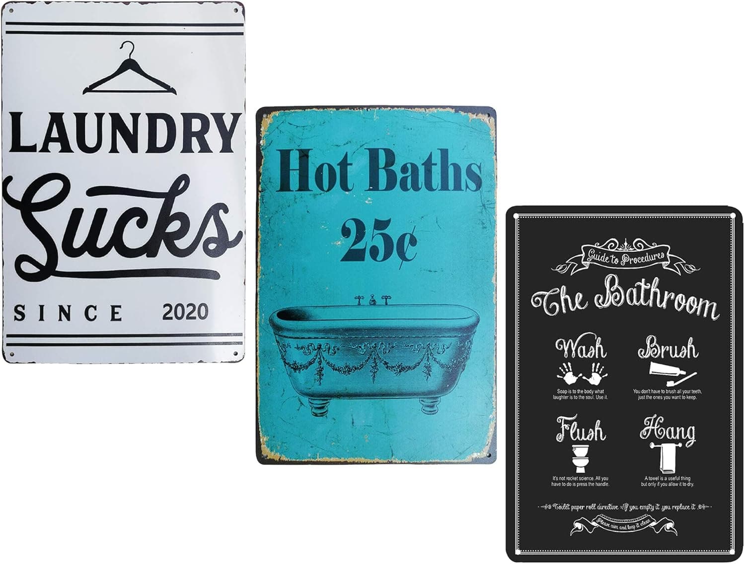 PXIYOU Guide to The Bathroom Wash Brush,Hot Baths 25 Cent Vintage Metal Laundry Sucks Wall Plaque Sign for Laundry Room,Bathroom,Washroom Wall Decor 3Pcs-8X12Inch