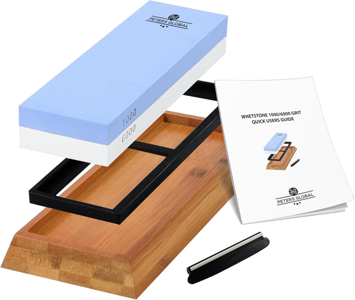 Peters Global Non-Slip Bamboo Base Whetstone Double Sided Knife Sharpener with #1000, #6000 Grit Water Sharpening Stone, Instruction Manual and Angle Guide