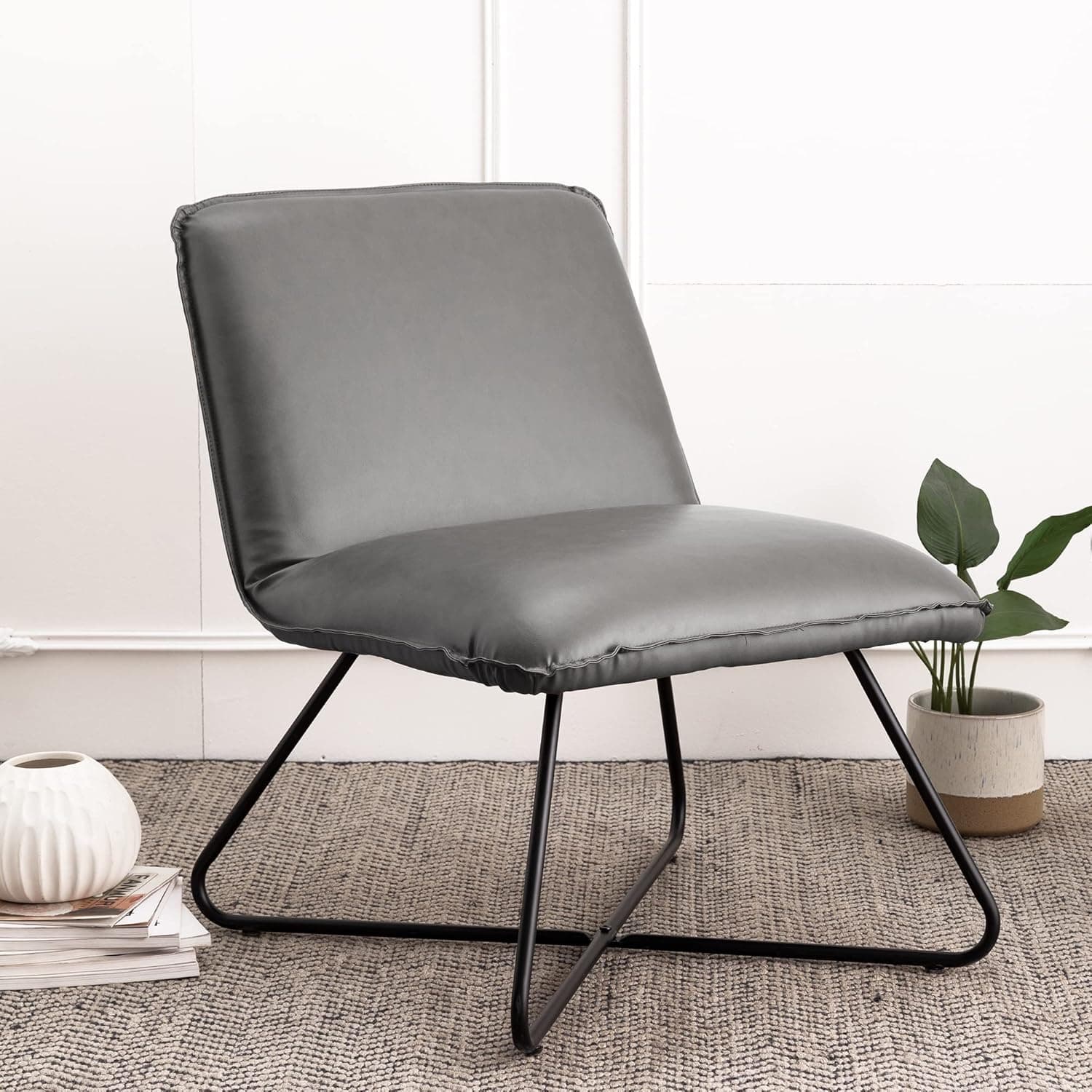 LUE BONA Modern Accent Chair, 5 Positions Recline Chair, Grey Faux Leather Armless Accent Chair, 17″High, Comfy Mid Century Modern Chair with Adjustable Backrest for Bedroom, Living Room, Office