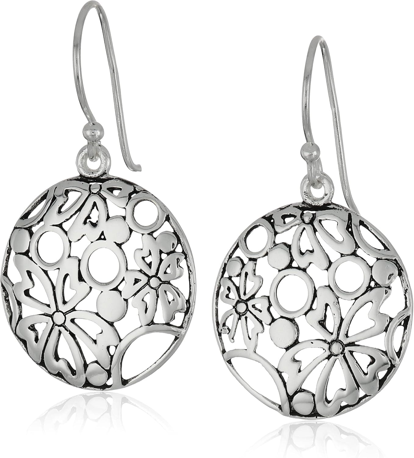 Amazon Collection Sterling Silver Flower Pattern Round Dangle Drop Earrings