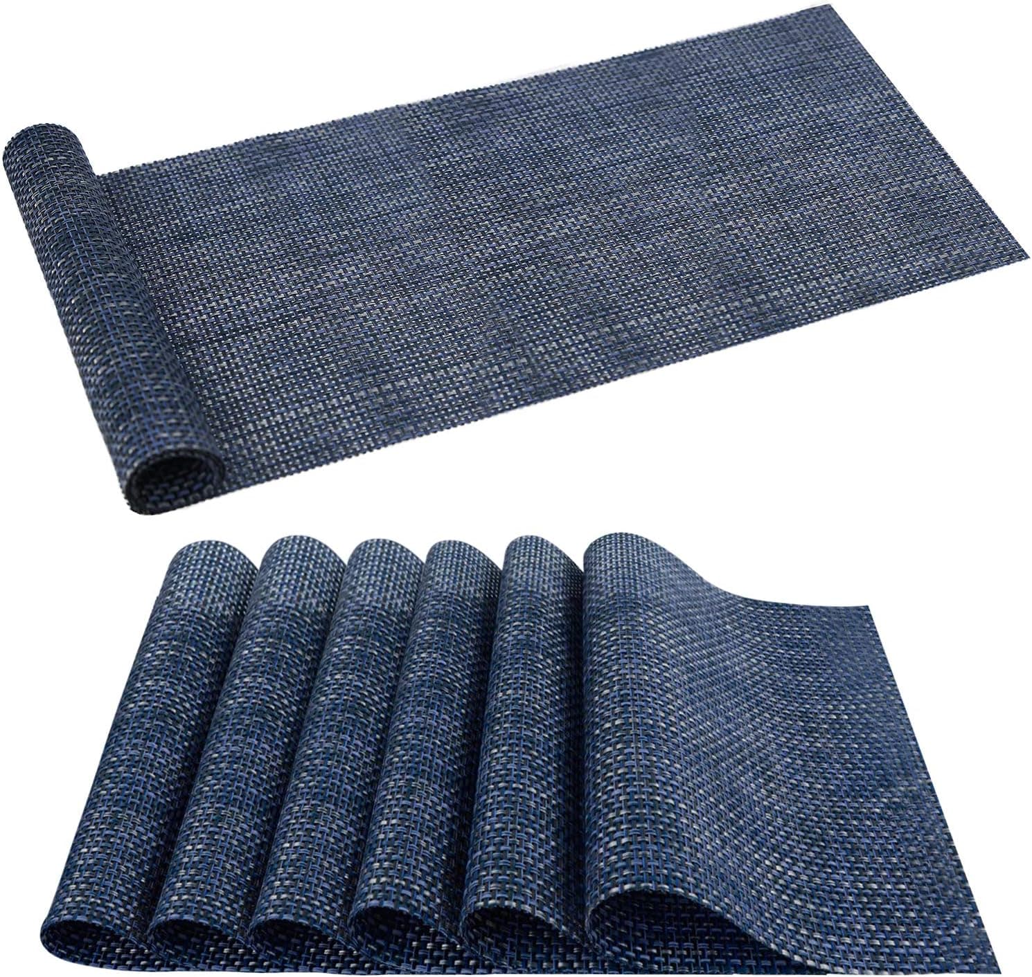 Top Finel Navy Blue 6 Placemats with Table Runner for Dining Table, PVC Washable Table Mats Set