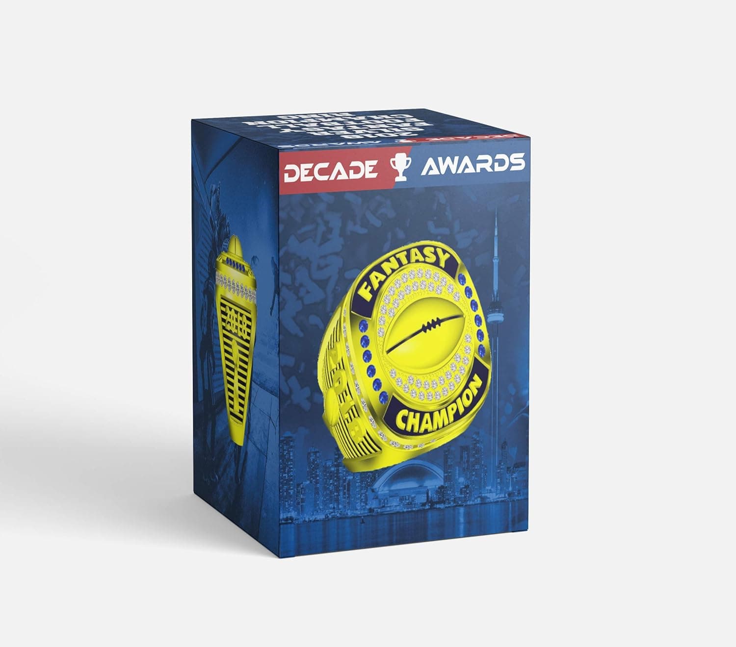Decade Awards 2018 Gold Plated Fantasy Football Champion Ring | Style B | Heavy FFL League Champ Ring with Stand