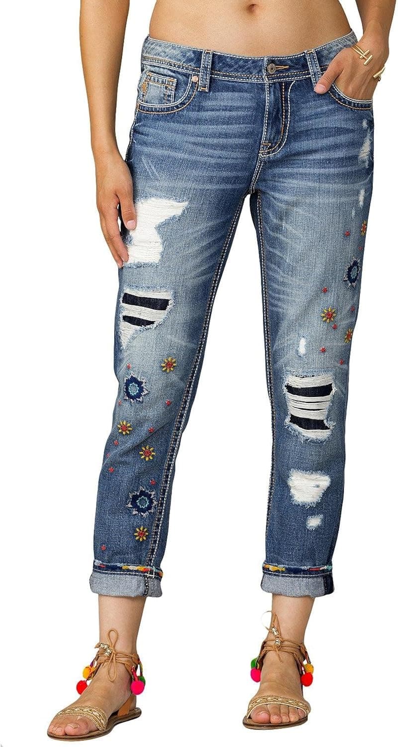 Miss Me Women's Embroidered Ankle Boyffriend Denim Jean