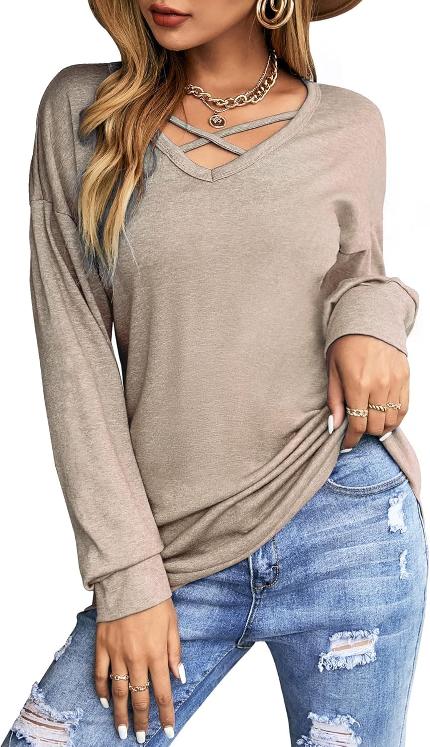 Genhoo Sweatshirts for Women Long Sleeve Criss Cross V Neck T Shirt Tunics Tops Blouses S-3XL
