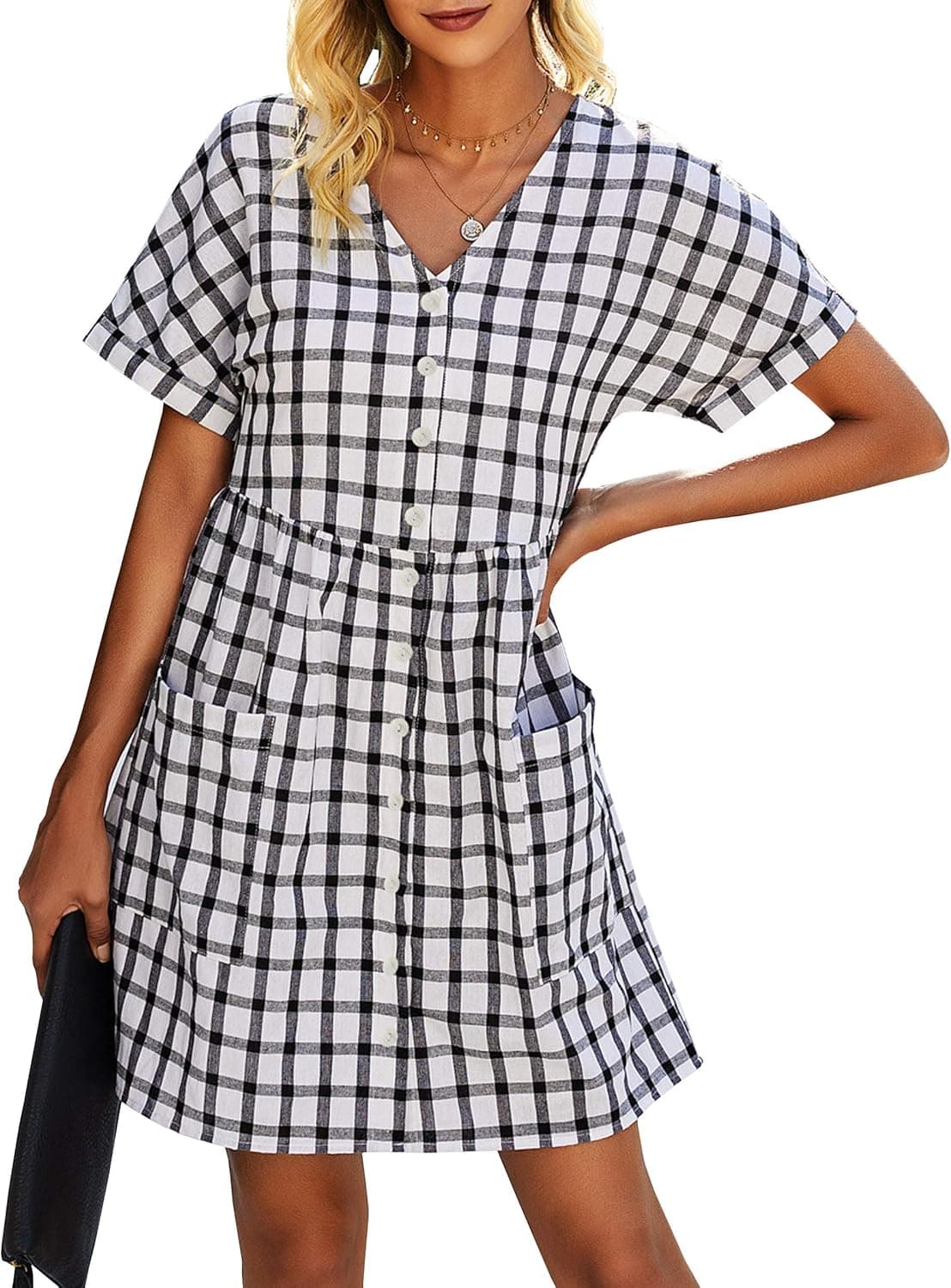 ECOWISH Women's Waffle Knit Casual T-Shirt Dress Short Sleeves Round Neck Tunic Plain Dresses Solid Color