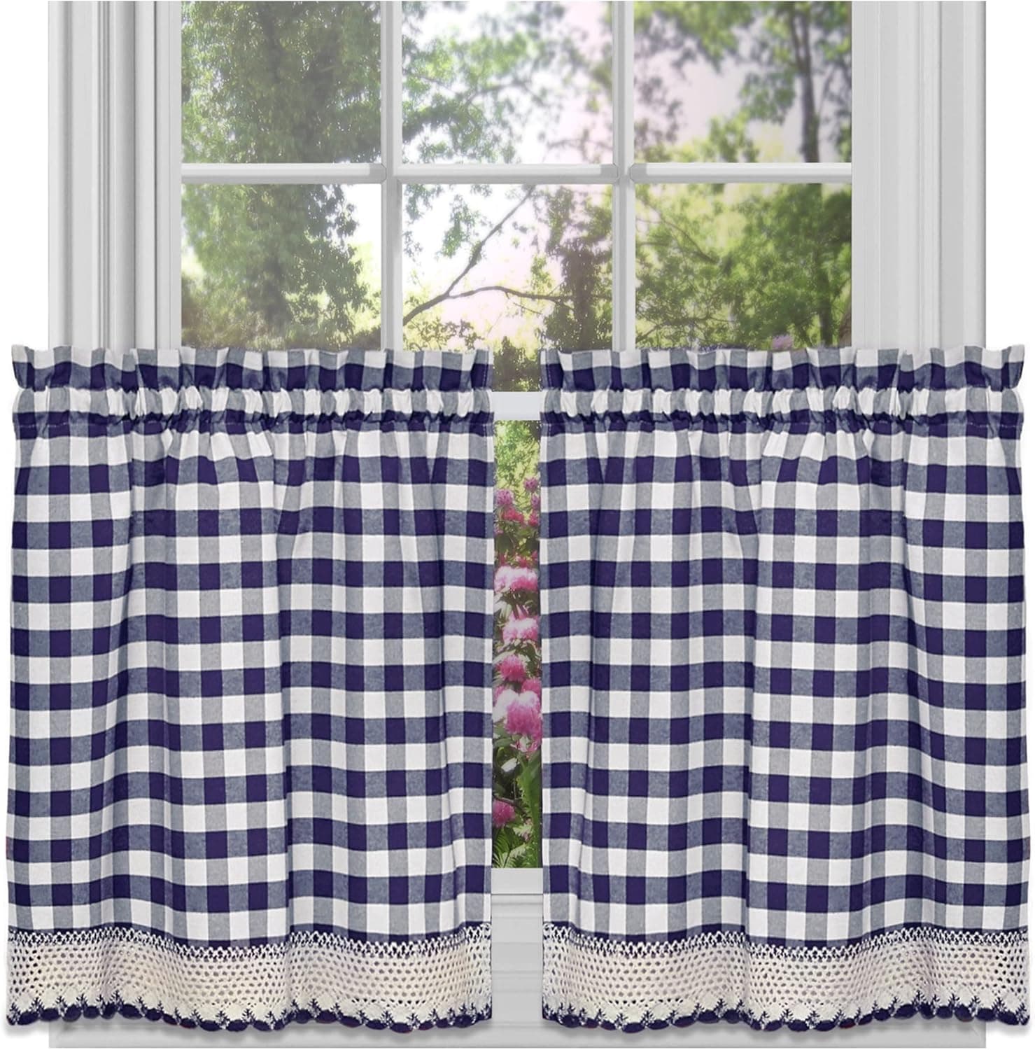 Buffalo Check Tier Pair Window Curtain Set - 58 Inch Width, 36 Inch Length - Navy & Ivory Plaid Drapes - Light Filtering Drapes for Kitchen, Bedroom, Living & Dining Room by Achim Home Decor