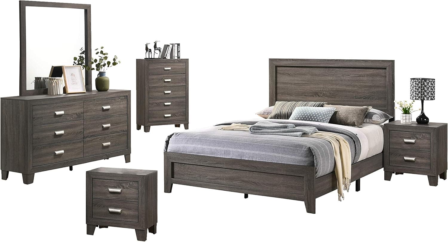 Best Quality Furniture 6PC California King Bed + Dresser + Mirror + 2 Nightstands + Chest, Gray