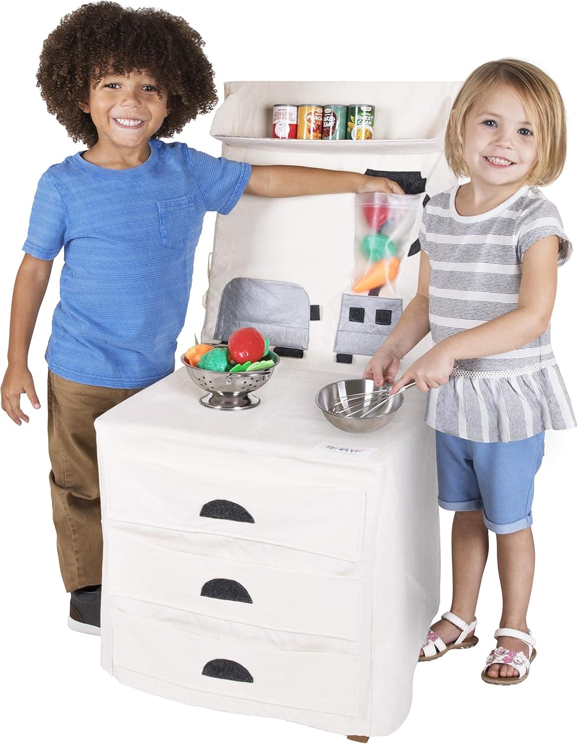 PopOhVer Countertop Set - Pretend Canvas Counter Folds Over Chair Perfect for Kitchen Role Play for Girls and Boys Kids