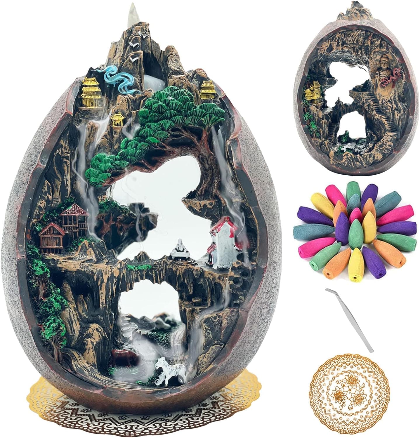 Zvaiuk Waterfall Incense Burner,Backflow Incense Holder,Fountain Mountain Tower 2 Sides with Backflow Incense Cones, Aromatcherapy Ornamen…