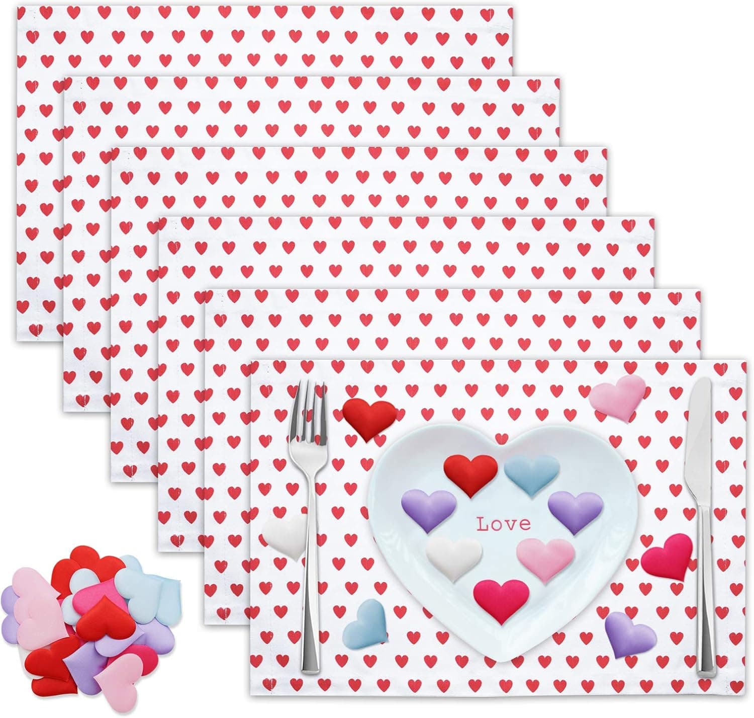 Searching Roads Valentines Day Placemats Set of 6, Red Love Hearts Printed with 50 Pcs Heart Confetti for Dining Table,100% Cotton, Washable, Heat Resistant Wedding Holiday Party Table Placemat