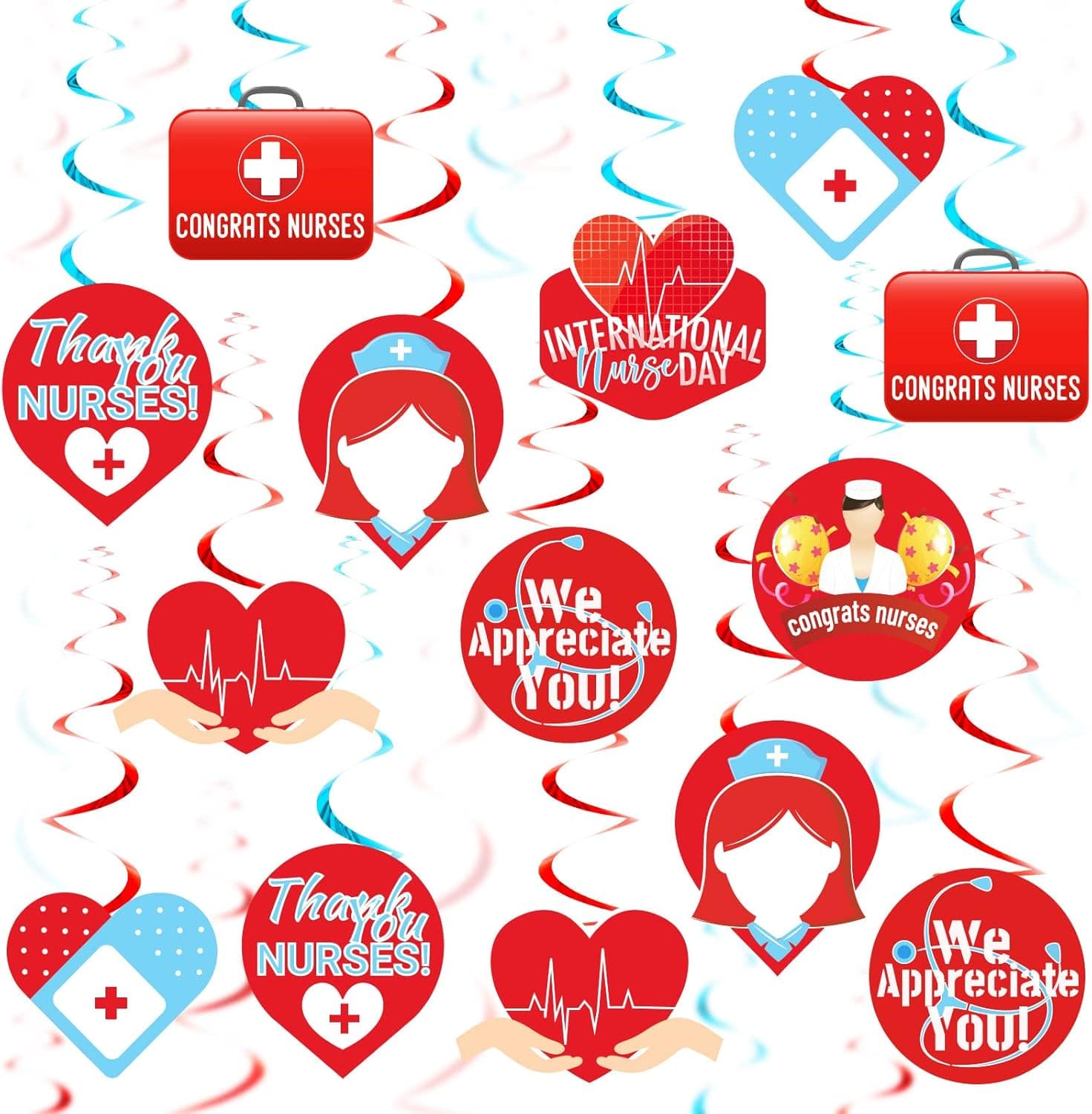 2023 Nurse Hanging Swirls, 36 PCS Nurse Party Hanging Swirls Decorations Red and Blue for Nurse Party Decorations, Appreciation Week Hanging Decor - Thank You Nurses