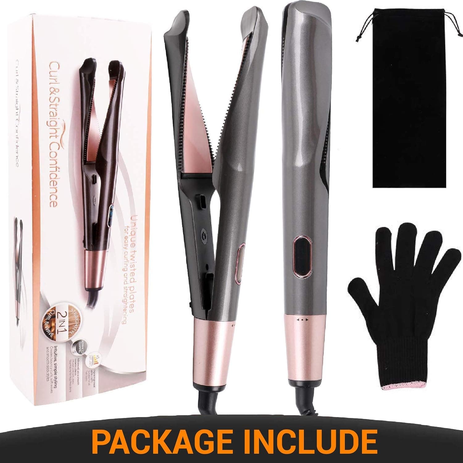 Hair Straightener, Curling Iron straightening Iron 2 in 1 Hair Curler Straightener Tourmaline Ceramic Hair Types Tools with LED Digital Display Adjustable Temperature (C3)