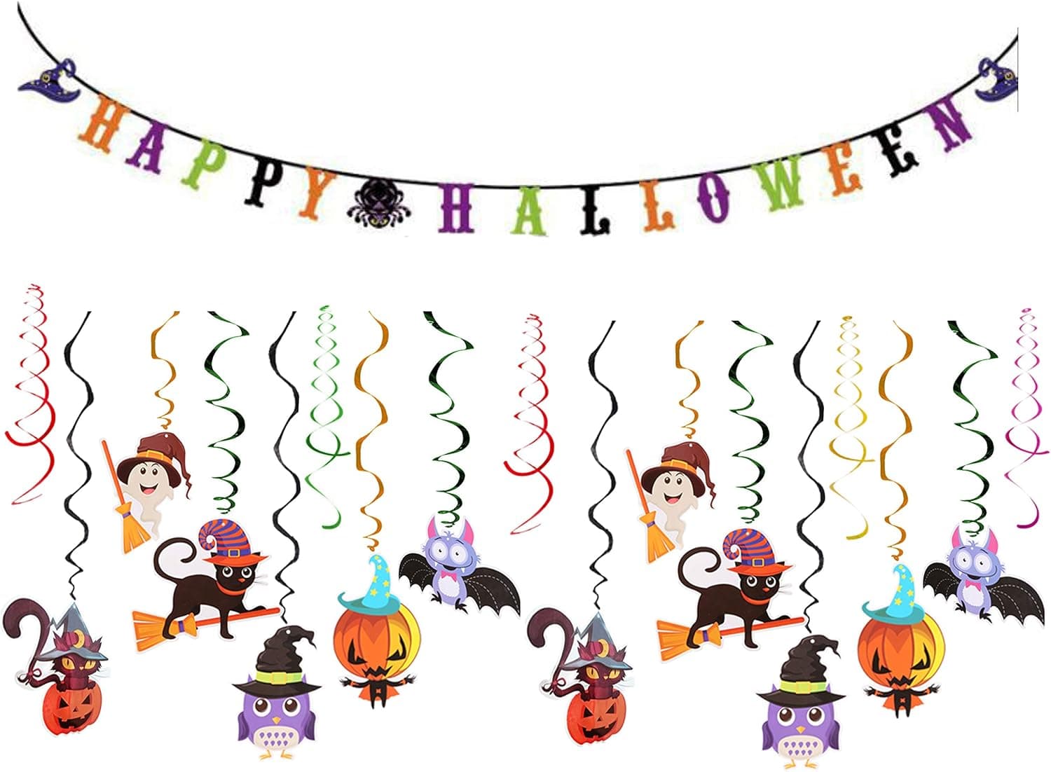 Halloween Decorations Set Includes 24 Ct Cute Halloween Hanging Swirl Decoration and 1 Pack Happy Halloween Banner For Kids Halloween Party