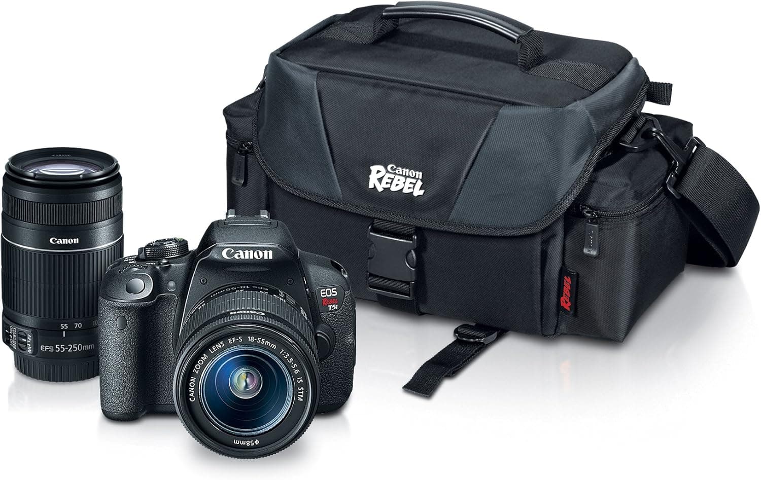 Canon EOS Rebel T5i with EF-S 18-55mm f/3.5-5.6 IS II Lens, EF-S 55-250mm f/4.0-5.6 IS II Telephoto Zoom Lens and Rebel Gadget Bag