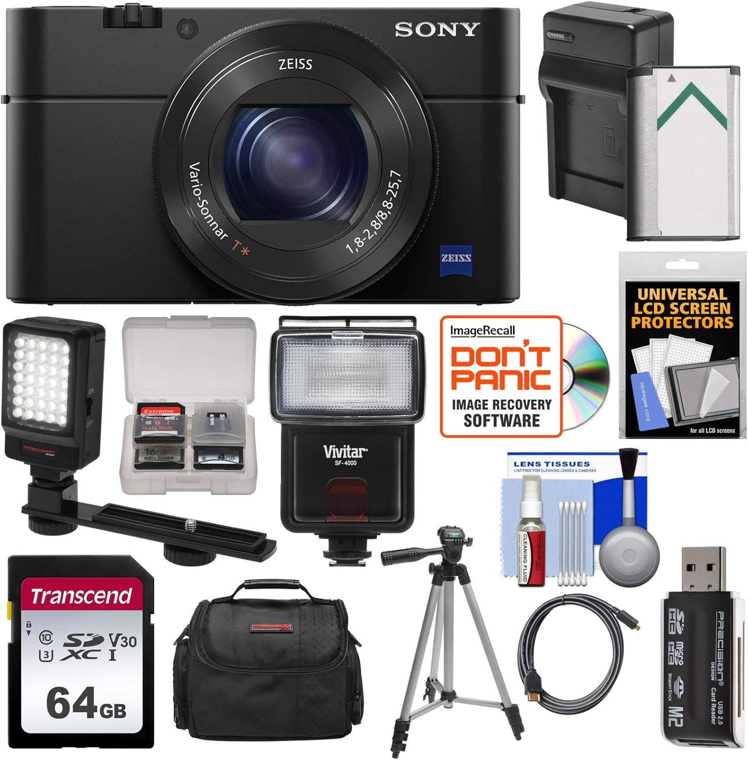 Sony Cyber-Shot DSC-RX100 IV 4K Wi-Fi Digital Camera with 64GB Card + Battery & Charger + Case + Tripod + Flash + LED Video Light + Kit