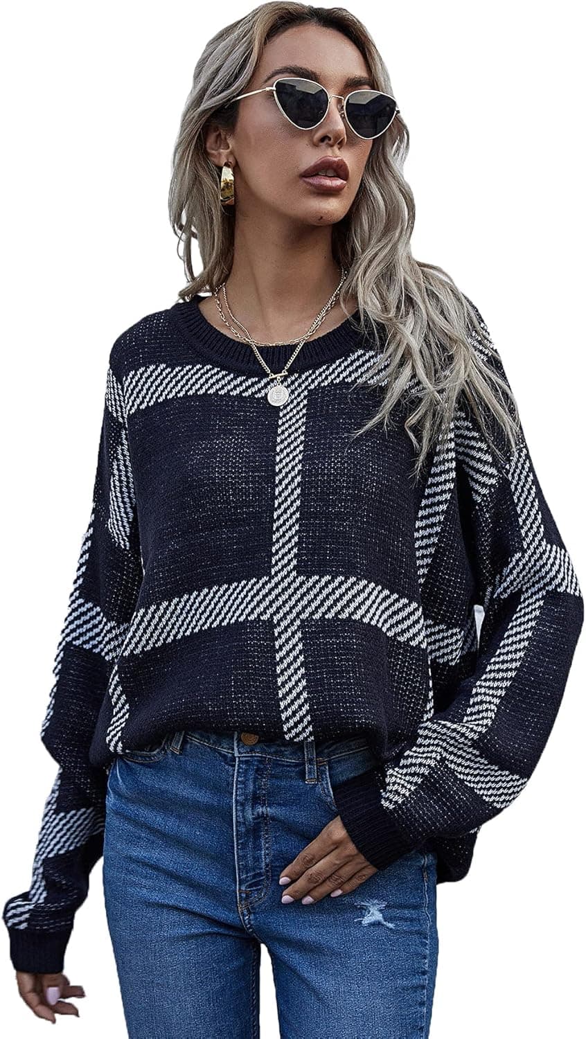Floerns Women's Long Sleeve High Neck Plaid Crop Sweater Pullover