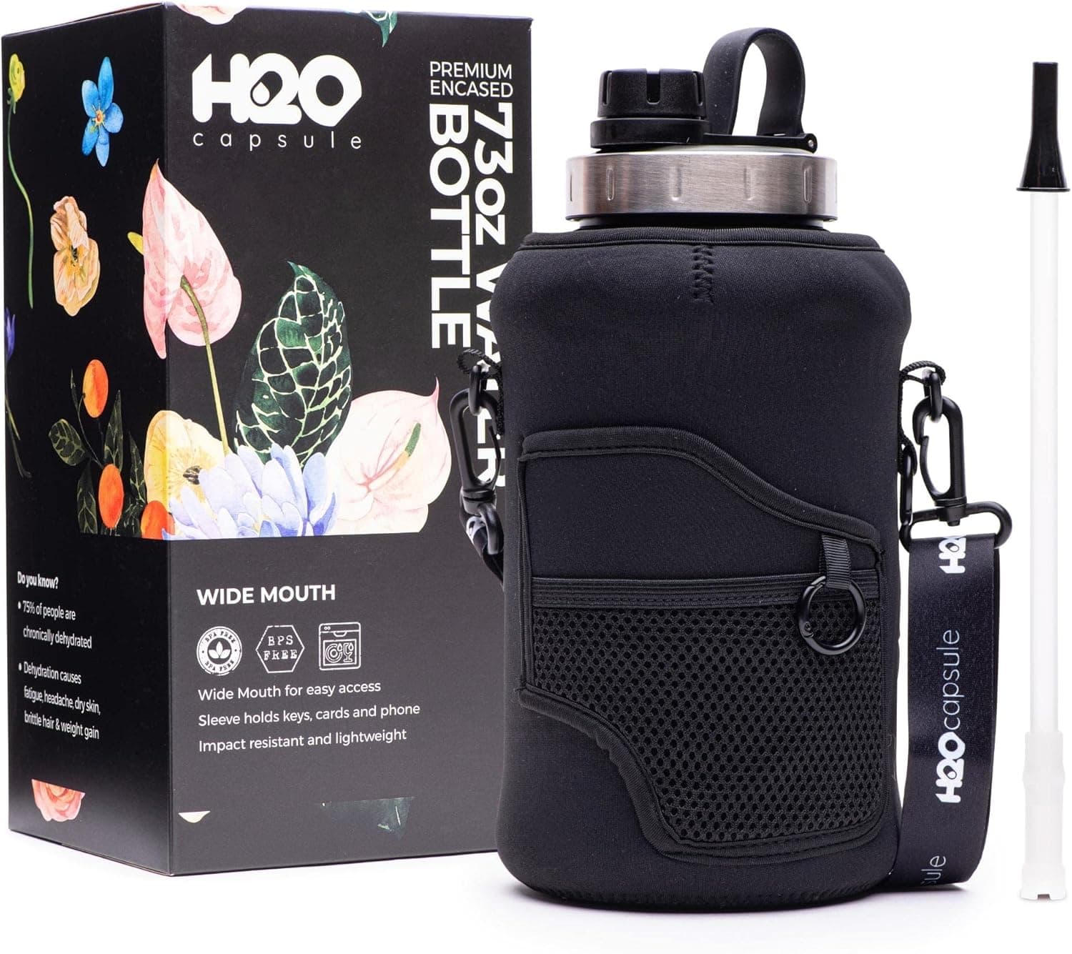 H2O Capsule 2.2L Half Gallon Wide Mouth Water Bottle with Storage Sleeve and Removable Straw - Hydration Tracker Jug with Measurements Marked – Shatterproof BPA-Free Drinking Flask