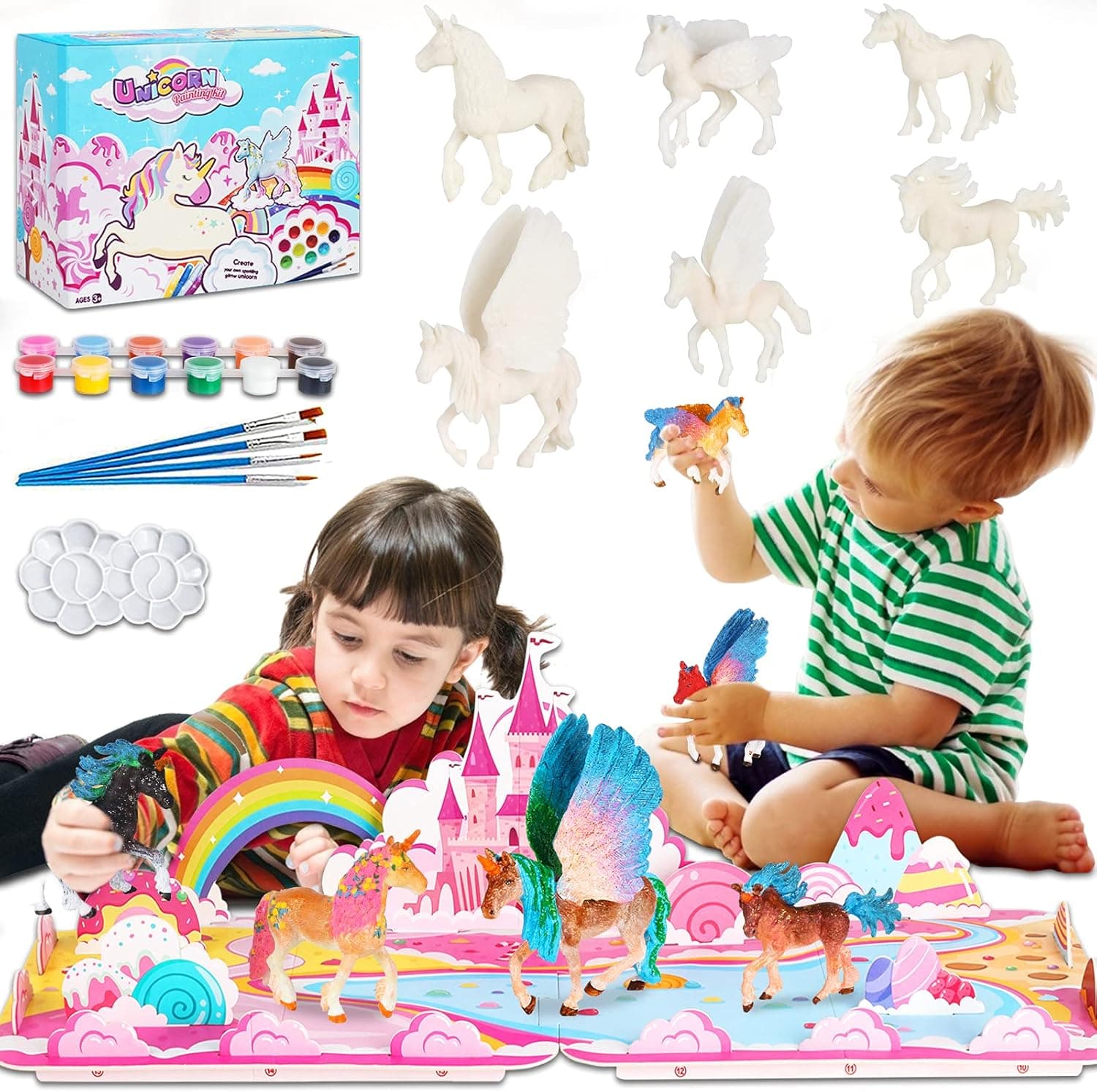 Mojitodon Unicorn Painting Kit with 3D Castle Play Mat Unicorn Arts and Crafts for Kids, DIY Unicorn Party Decorations Unicorn Toys for Birthday Gifts