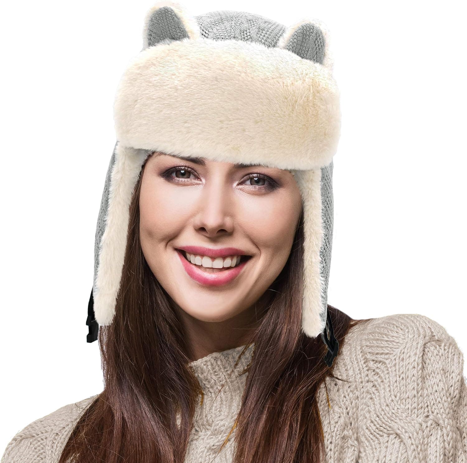 DERUI CREATION Womens Winter Hats, Snow Faux Fur Bomber Hat with Ear Flaps Sking Fleece Caps(One Size, Gray)