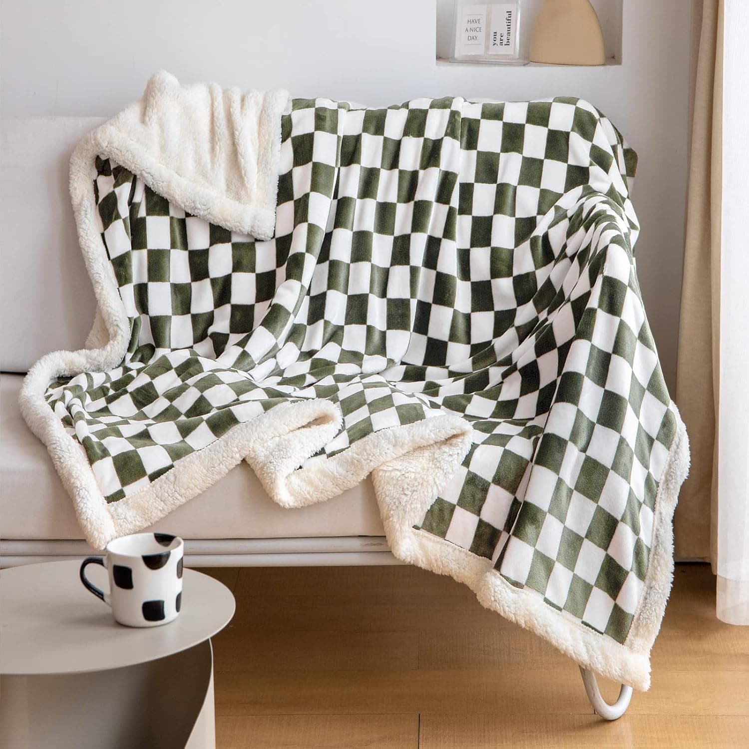 LOMAO Sherpa Throw Blanket Fleece Blanket with Checkered Pattern Soft Thick Blanket for Couch, Bed, Sofa Luxurious Warm and Cozy for All Seasons (Dark Olive, 51"x63")