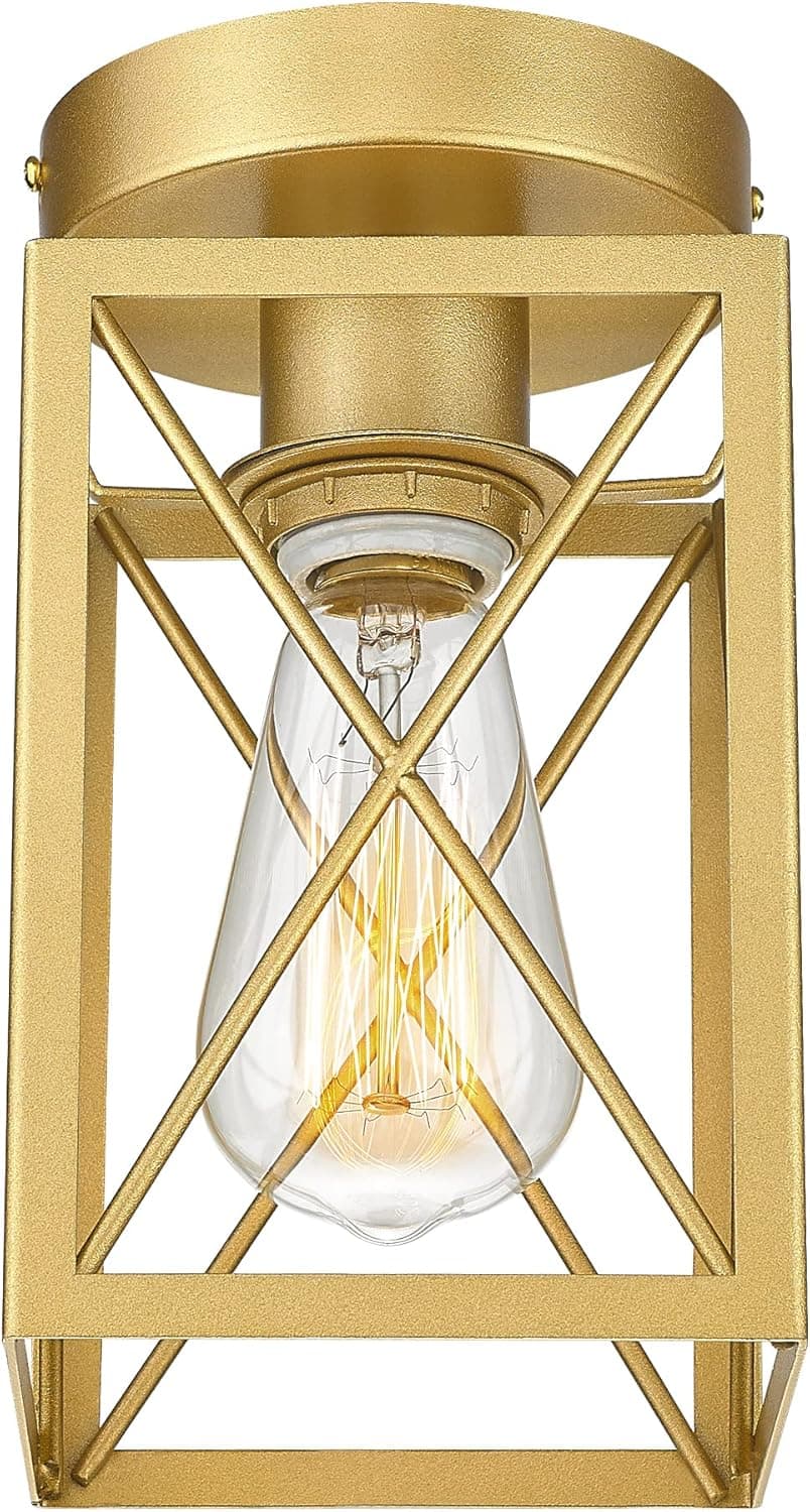 Ken & Ricky Semi Flush Mount Ceiling Light, Gold Flush Mount Ceiling Light, Industrial Ceiling Light Fixture for Laundry Hallway Kitchen Stairway - 1 Pack