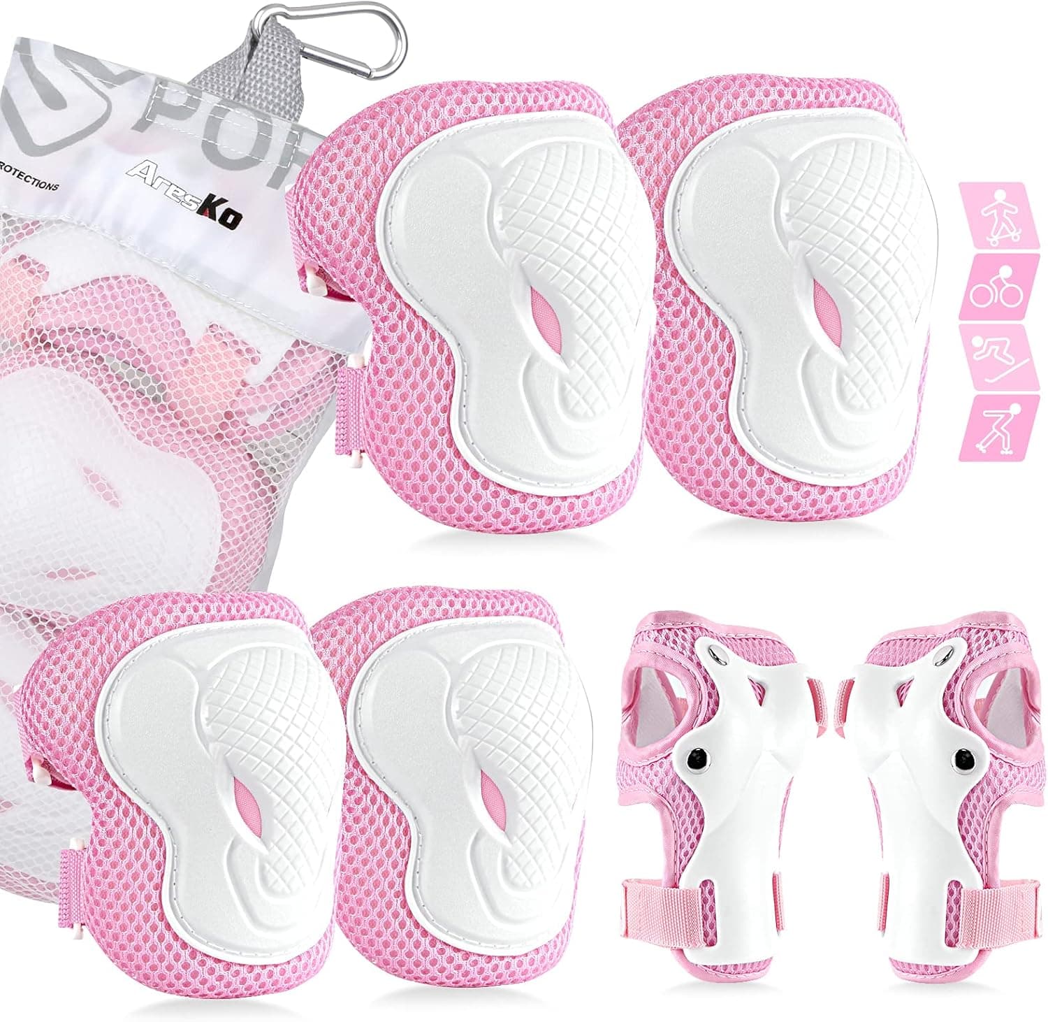 AresKo Kids/Youth Protective Gear Set, Kids Knee Pads and Elbow Pads Wrist Guard Protector 6 in 1 Protective Gear Set for Scooter, Skateboard, Bicycle, Inline Skating