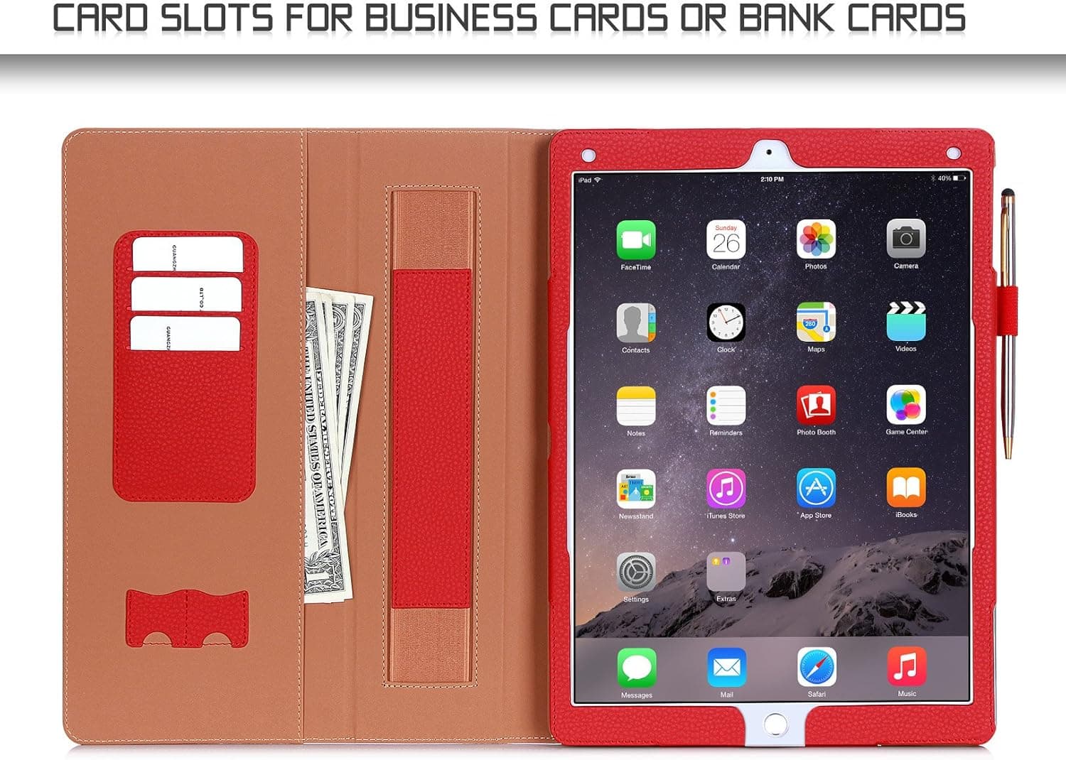 FYY Case for iPad Pro Cover - [Luxury Series] Premium PU Leather Case with Card Slots, Note Holder, Pencil Holder Case, Hand Strap and Elastic Strap for iPad Pro 12.9(2015) Red (with Auto Wake/Sleep)
