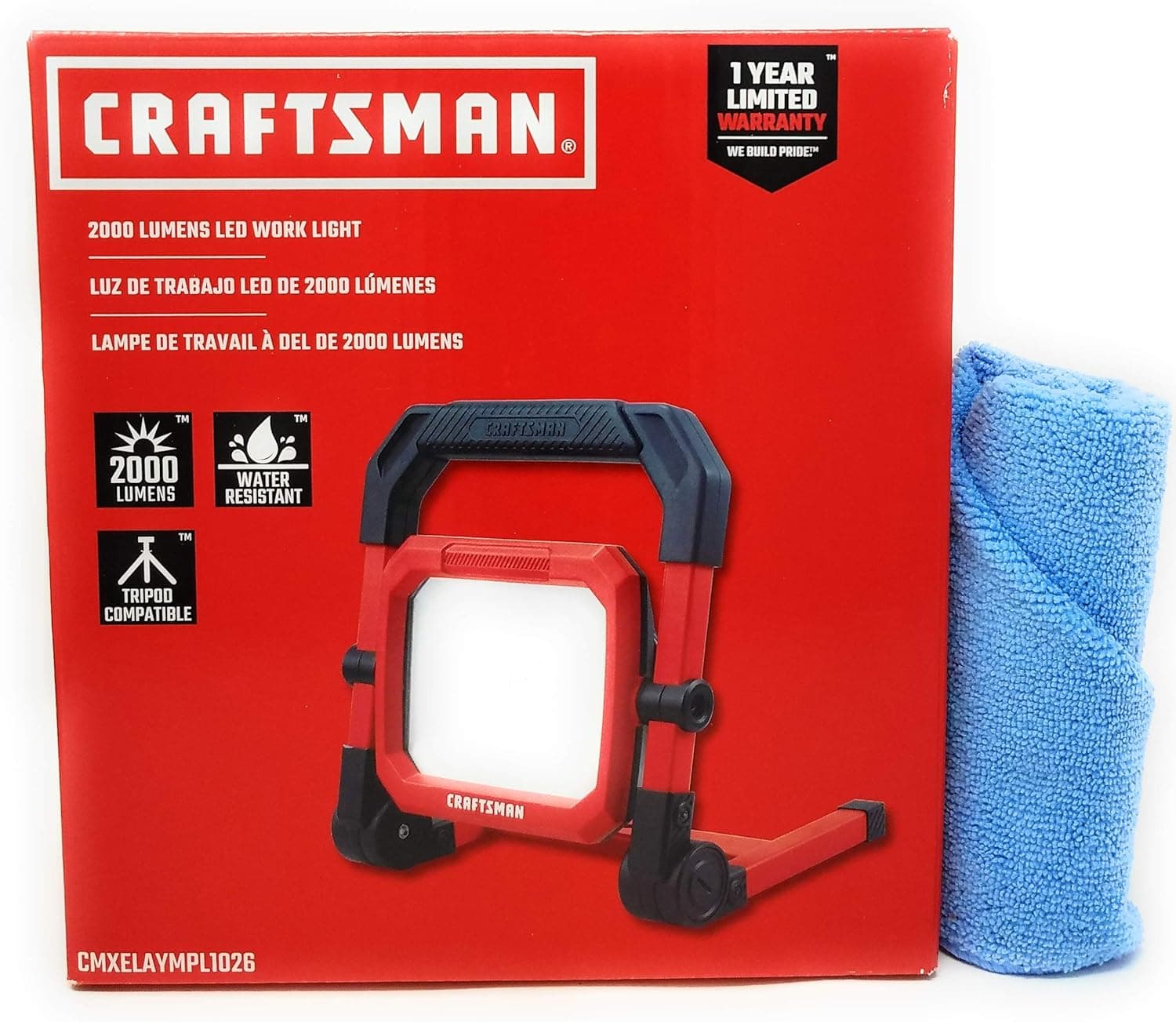 Craftsman LED Portable Work Light, 2000 Lumens Bundle and Microfiber Towel