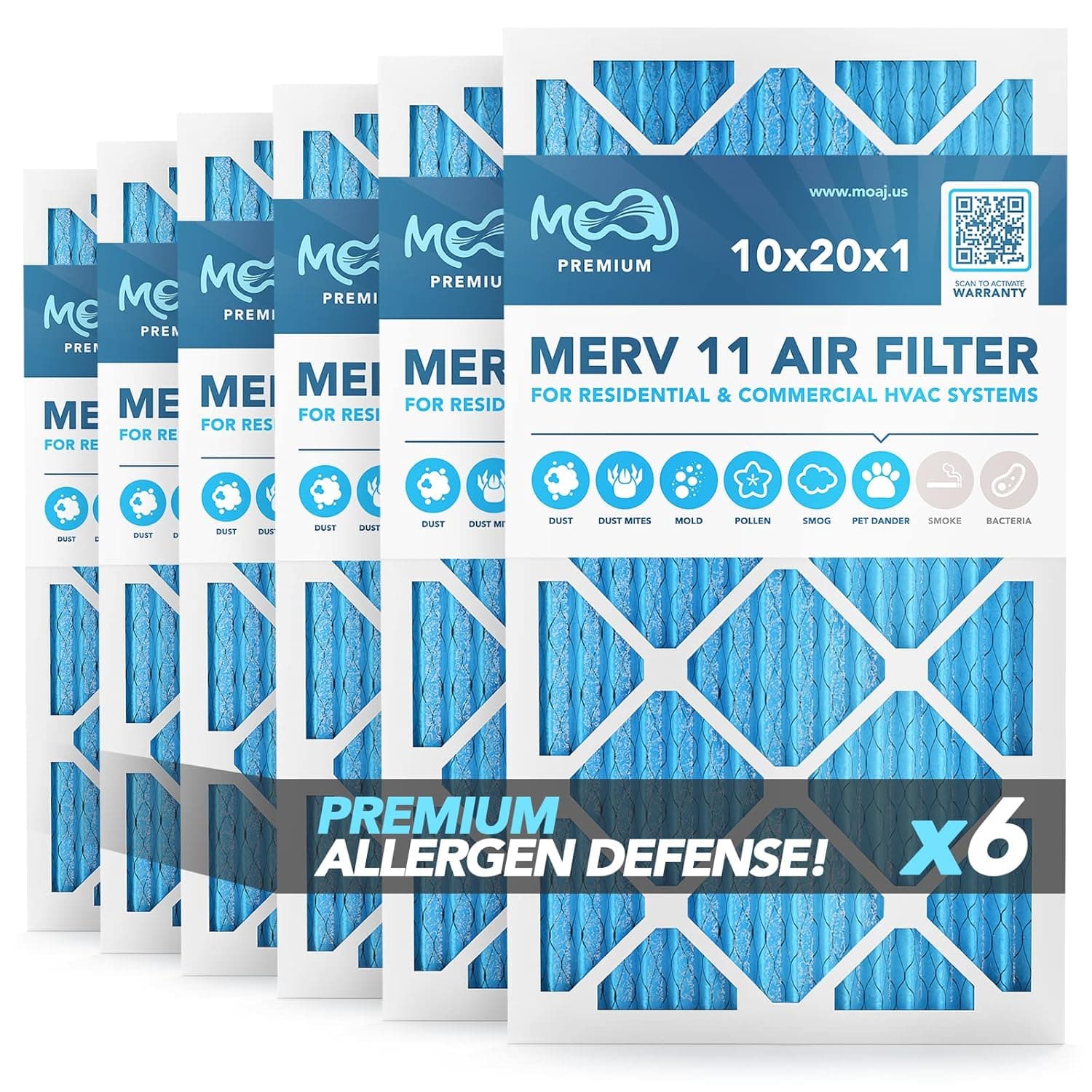 10x20x1 Air Filter (6-PACK) | MERV 11 | MOAJ Premium Allergen Defense | BASED IN USA | Quality Pleated Replacement Air Filters for AC & Furnace Applications | Actual Dimensions: 9.7" x 19.7" x 0.75"