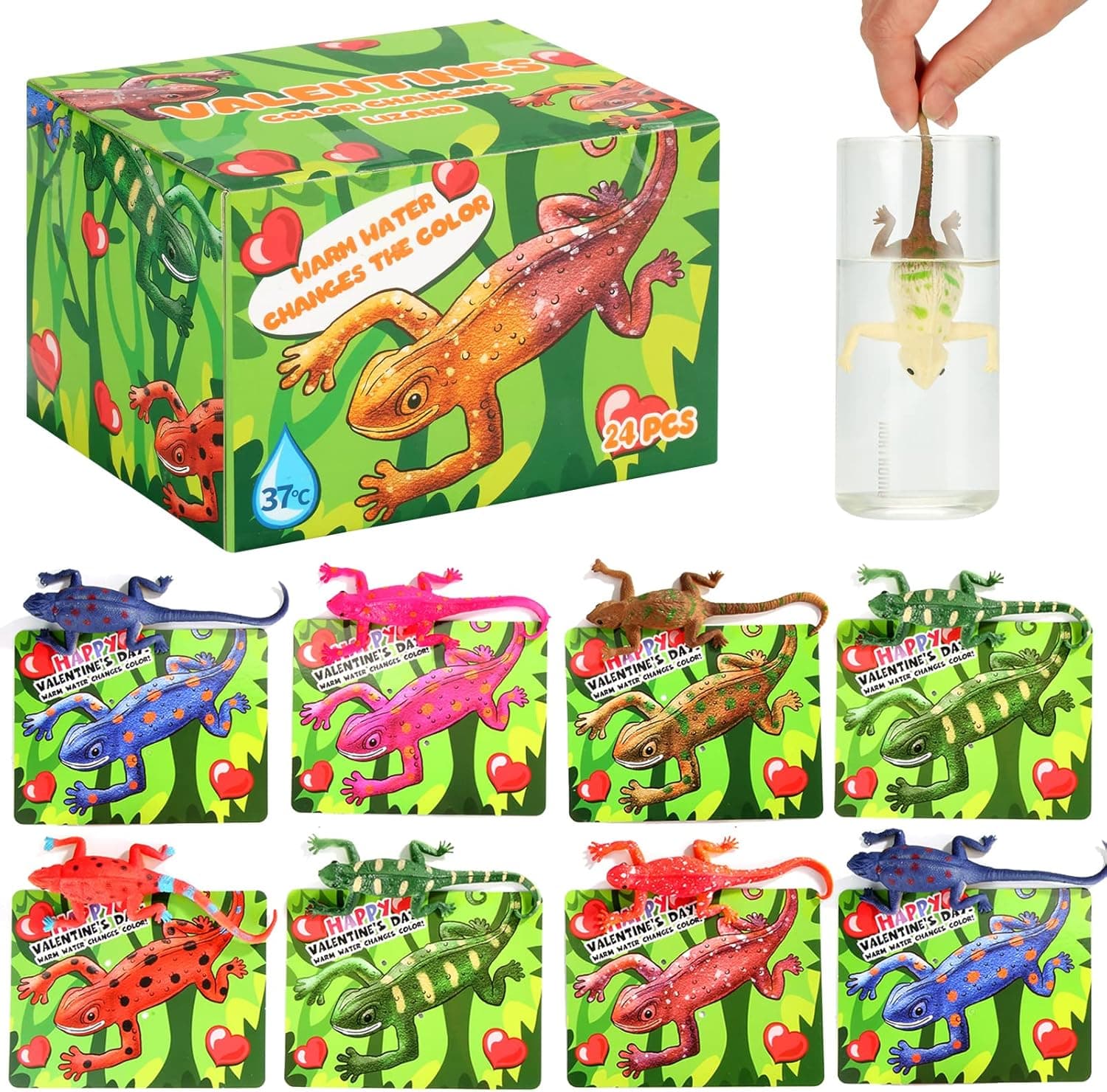 Axbotoy 24 Pack Valentines Day Cards with Lizard,Valentine's Greeting Cards for Kids with Lizard Valentine Classroom Exchange Party Favor
