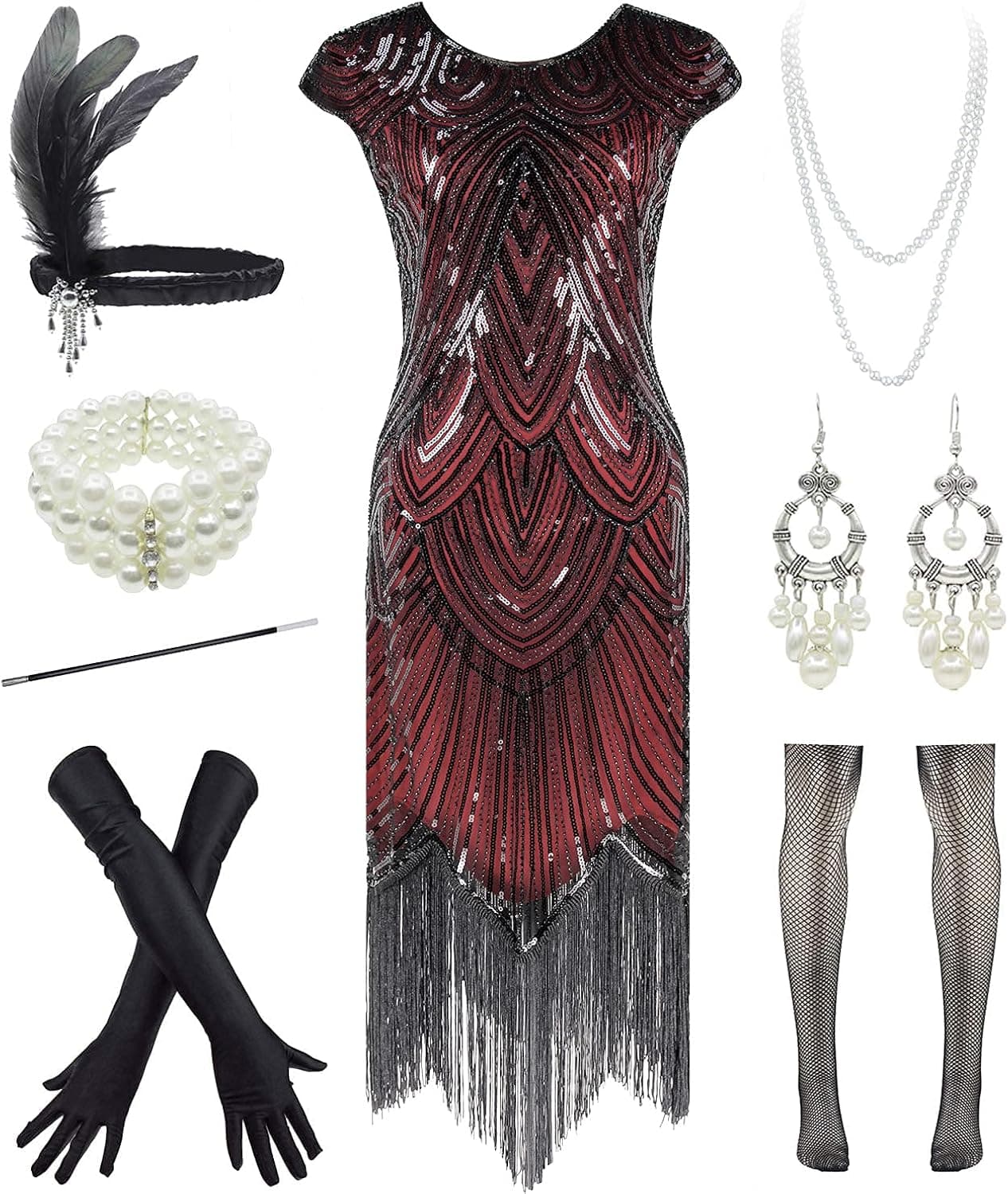 Women's Flapper Dresses 1920s V Neck Beaded Fringed Dress Great Gatsby Party w/Accessories Set …