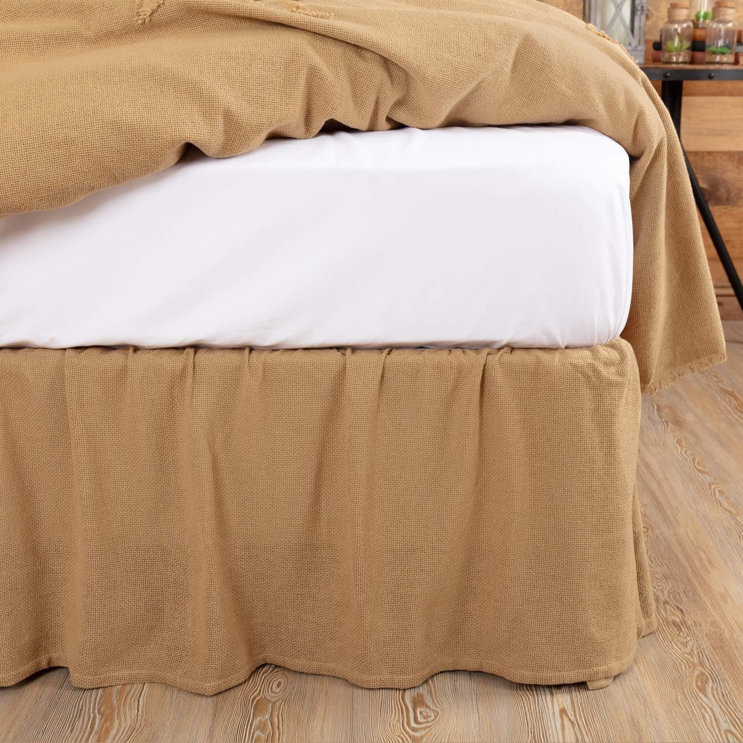 VHC Brands Burlap Solid Color Cotton Farmhouse Split Corners Gathered Queen Bed Skirt, Natural Tan