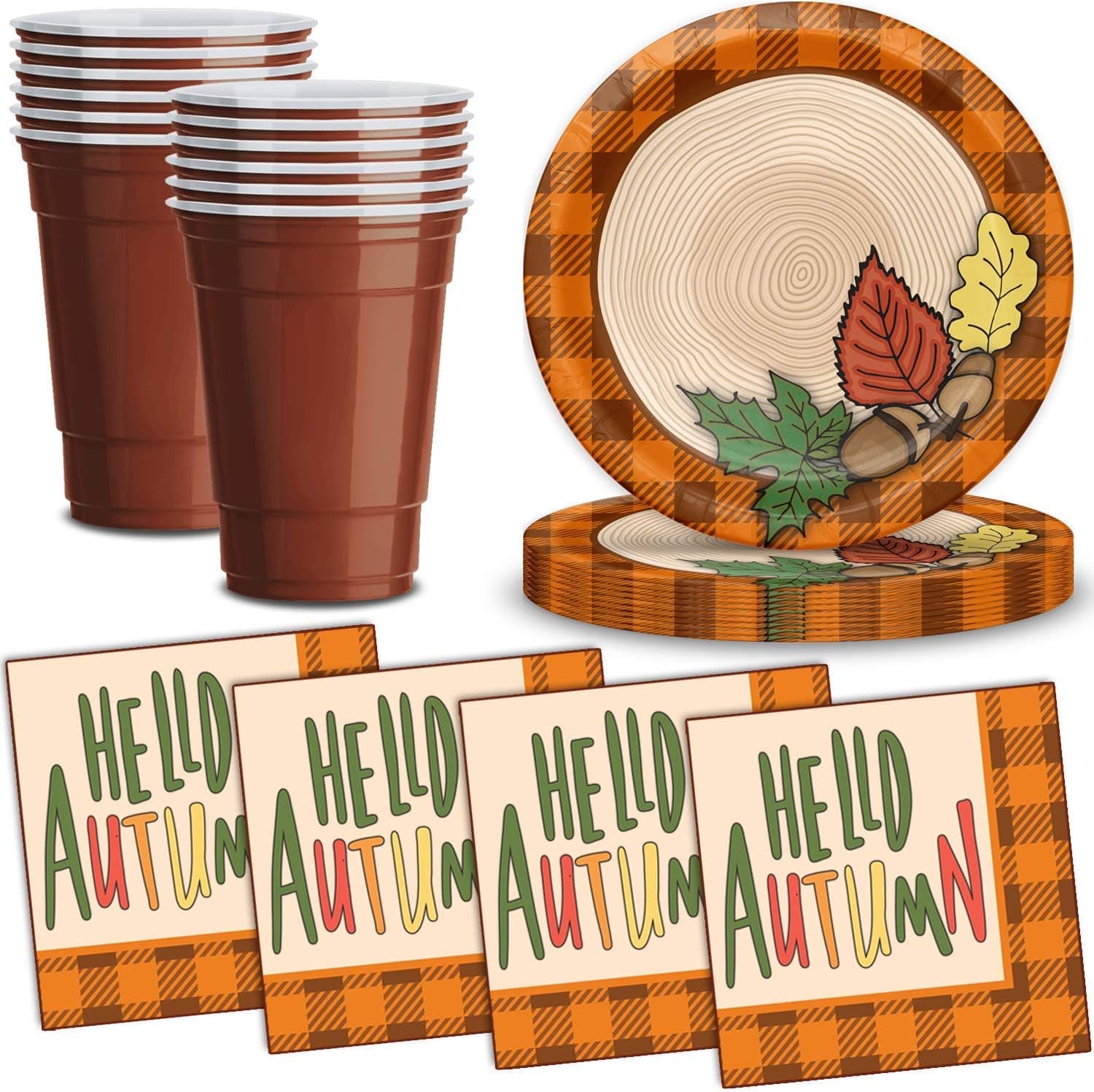 Fall Season Party Supplies for 32 - Paper Plates with Leaf design, Brown Plastic Cups, "Hello Autumn" Napkins, Great Thanksgiving Autumn Decorative Tableware Set and Decorations