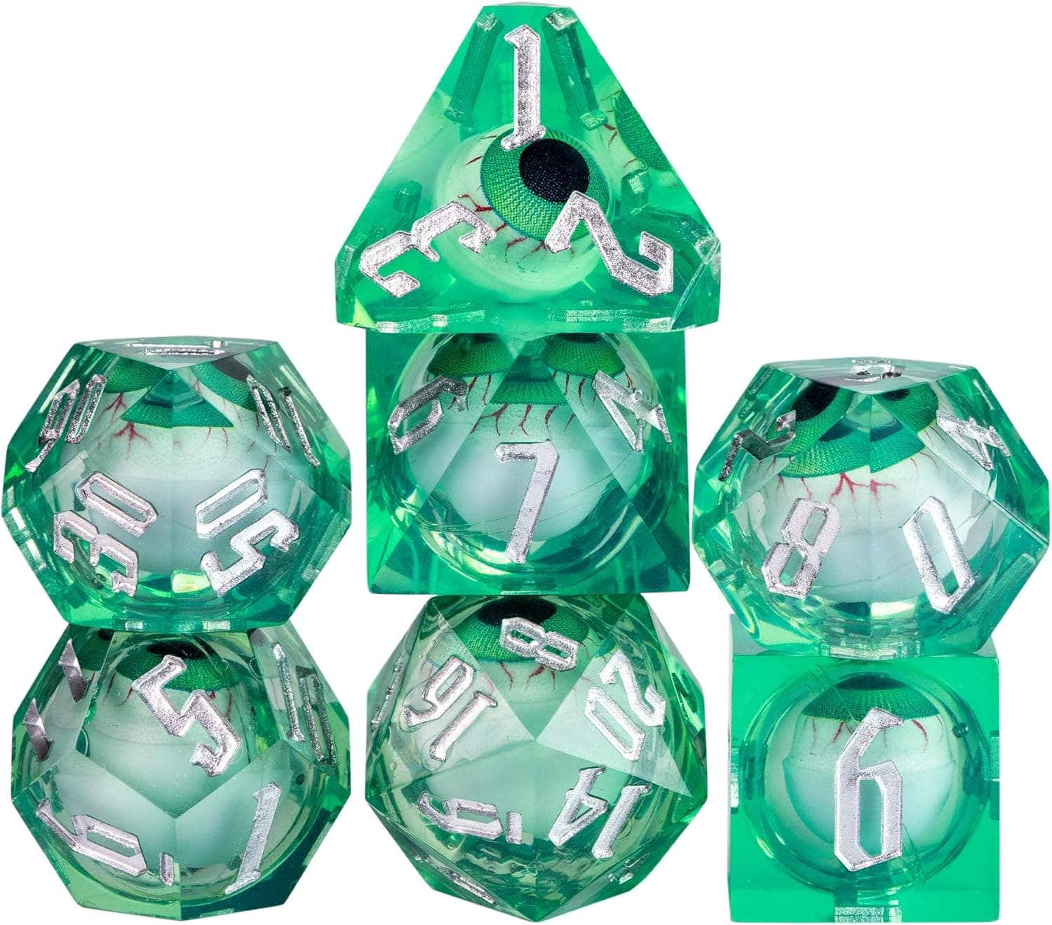 Cusdie 7-Die Liquid Core Eye Dice Handmade DND Dice, D&D Dice Set Sharp Edges, Floating Eyeball Dice for Dungeons and DragonsTabletop Role Playing Game(Green Eyeball)