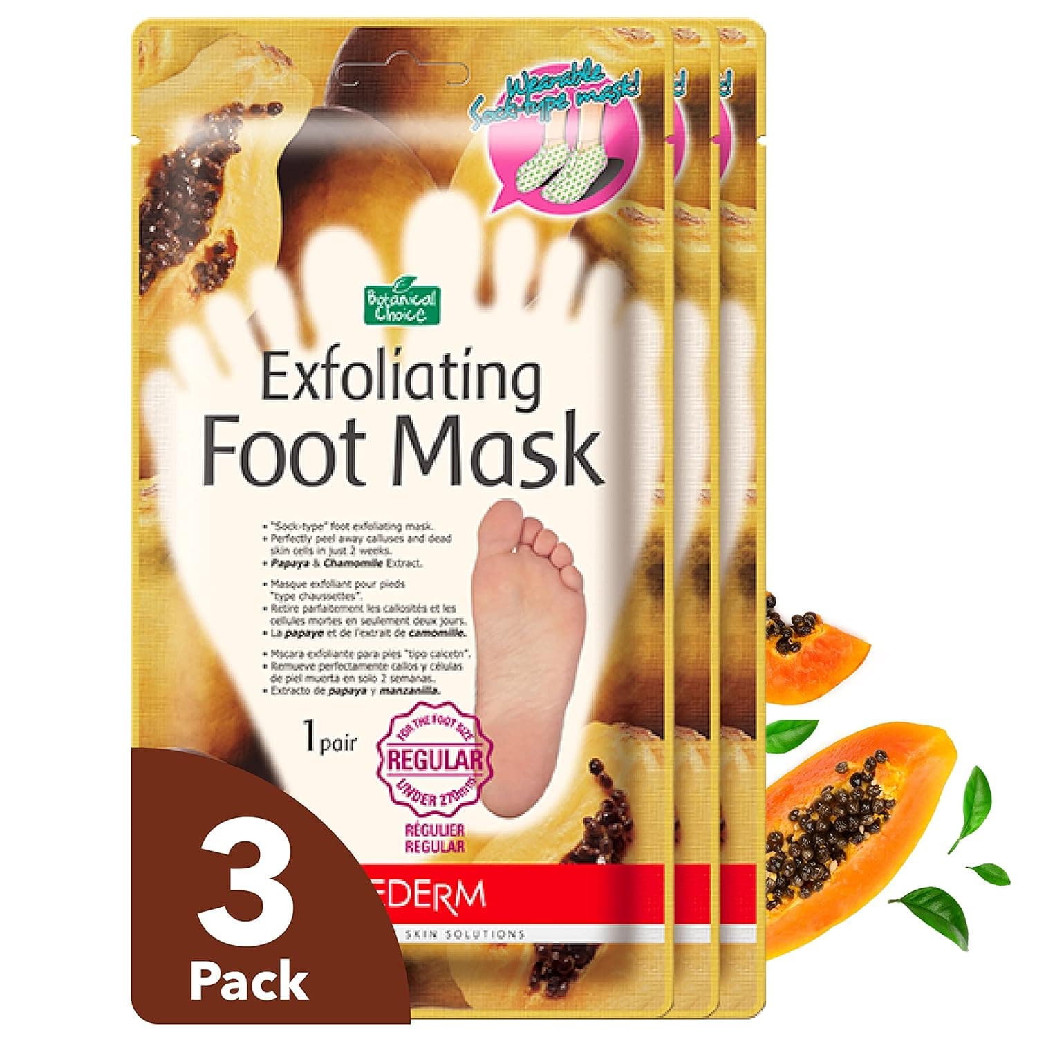 PUREDERM Exfoliating Foot Mask (3 Pack) - Foot Peel Mask Treatment for Cracked Heels, Dry skin, Callused Feet -Vegan Formula Remover Dead Skin With Papaya, Lemon, Orange & Other Botanical Extracts Makes Your Feet Baby Soft & Skin Smooth within 2 Weeks. Enjoy your own SPA time at home