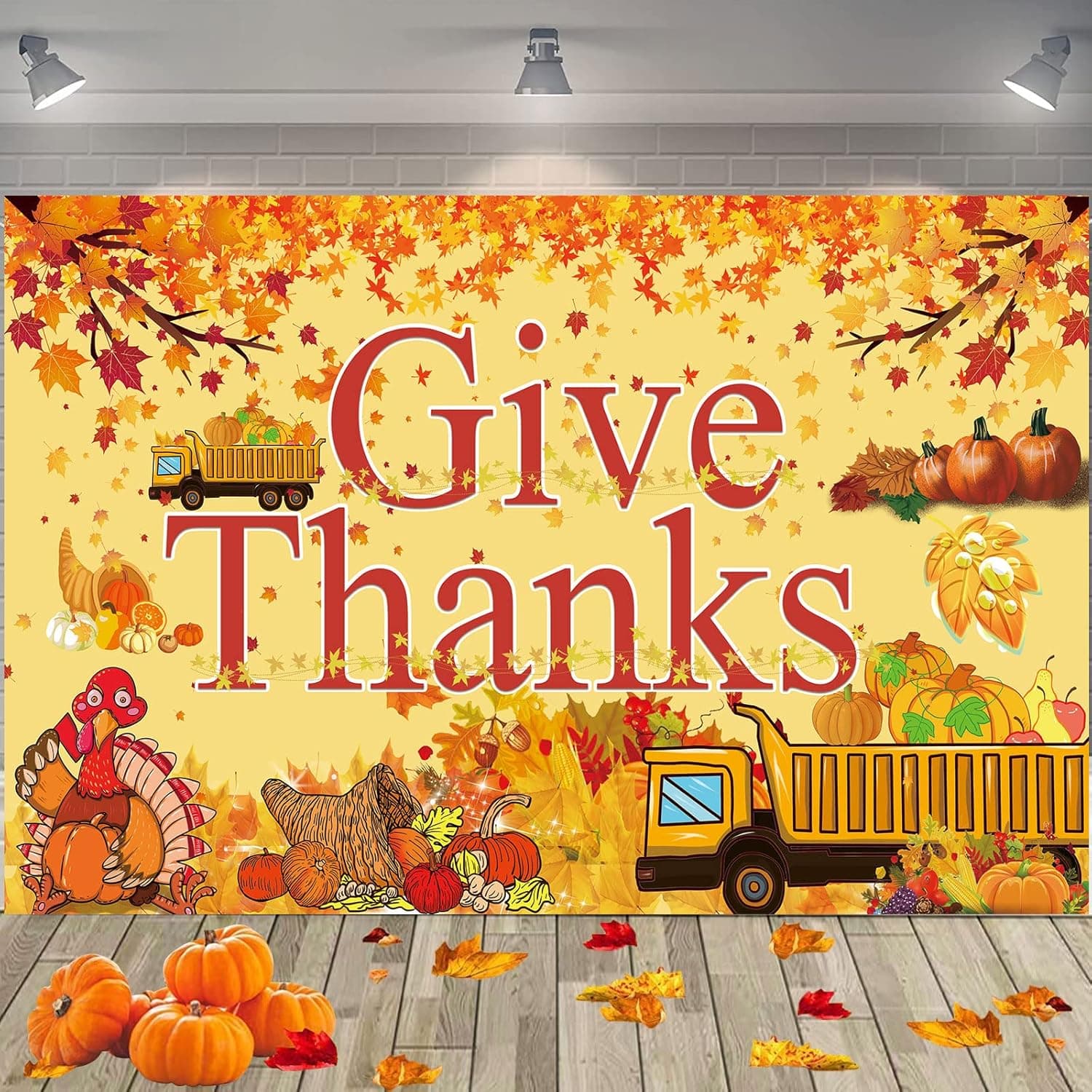 Famoby Give Thanks Theme Fabric Sign Poster Banner Backdrop and Pattern Pumpkin Turkey Maple Leaf for Thanksgiving Day Background Party Decorations