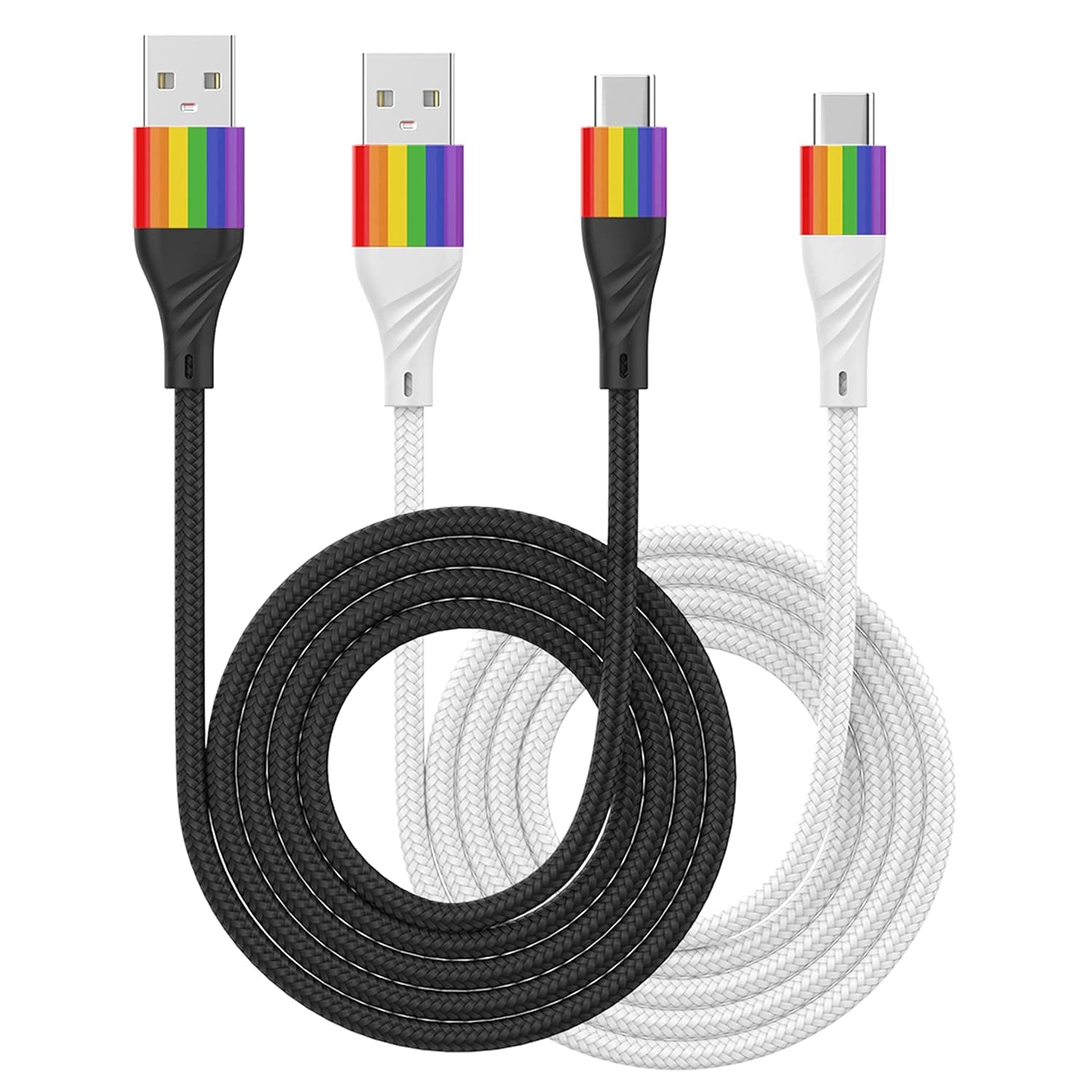 Gay Pride USB C Charger Cable 3.1A - USB A to USB C Cable 6ft Long, Rainbow-Colored Shield w/ Nylon Braided Cord - Compatible Type C Charging with Smartphones, Tablets, & More - Black & White, 2-Pack
