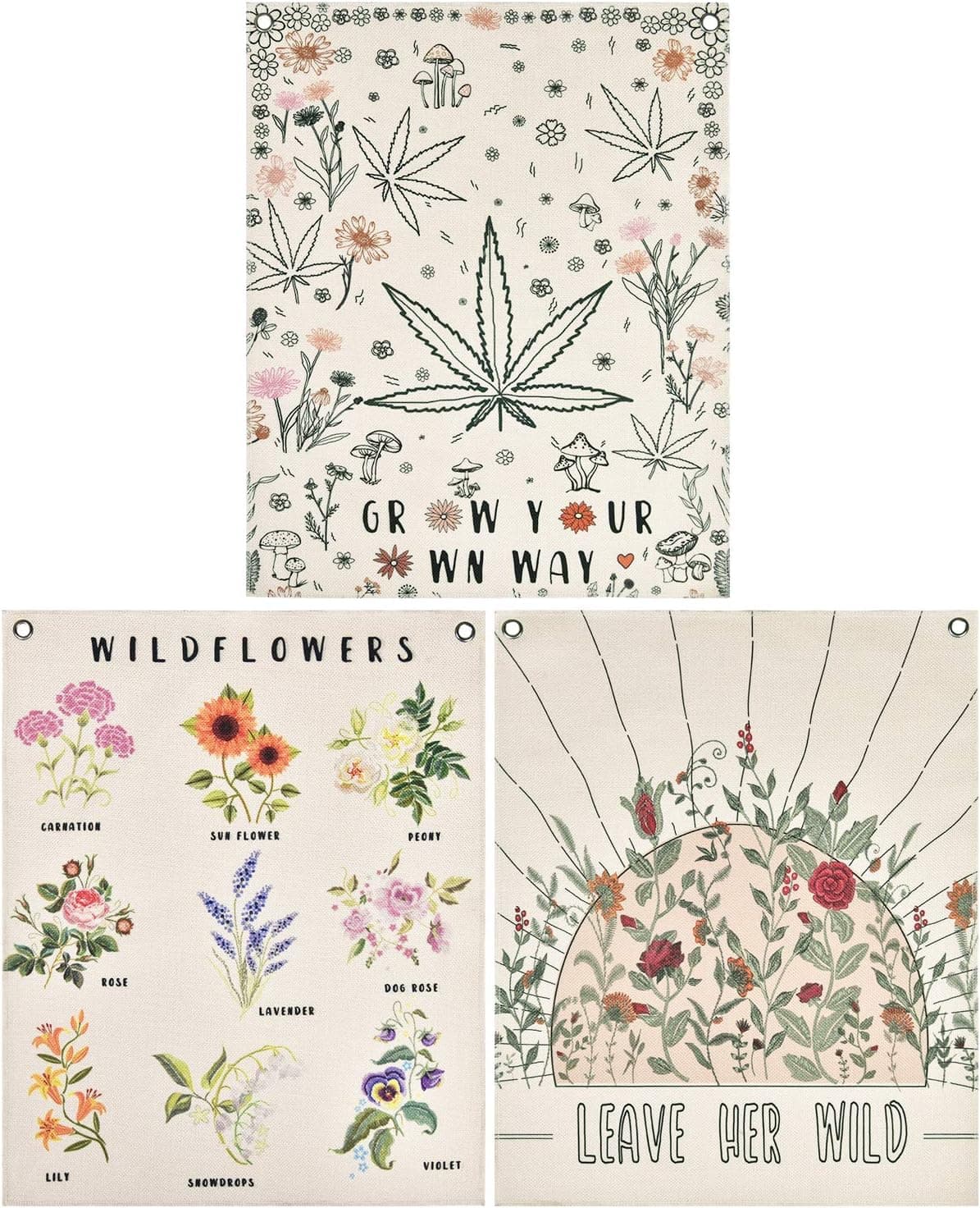 Livole Pack of 3 Wildflowers Tapestry Plant Flowers Tapestries Tarot Tapestry Illustrative Reference Chart Tapestry Wall Hanging for Room (11.8 x 15.7 inches)