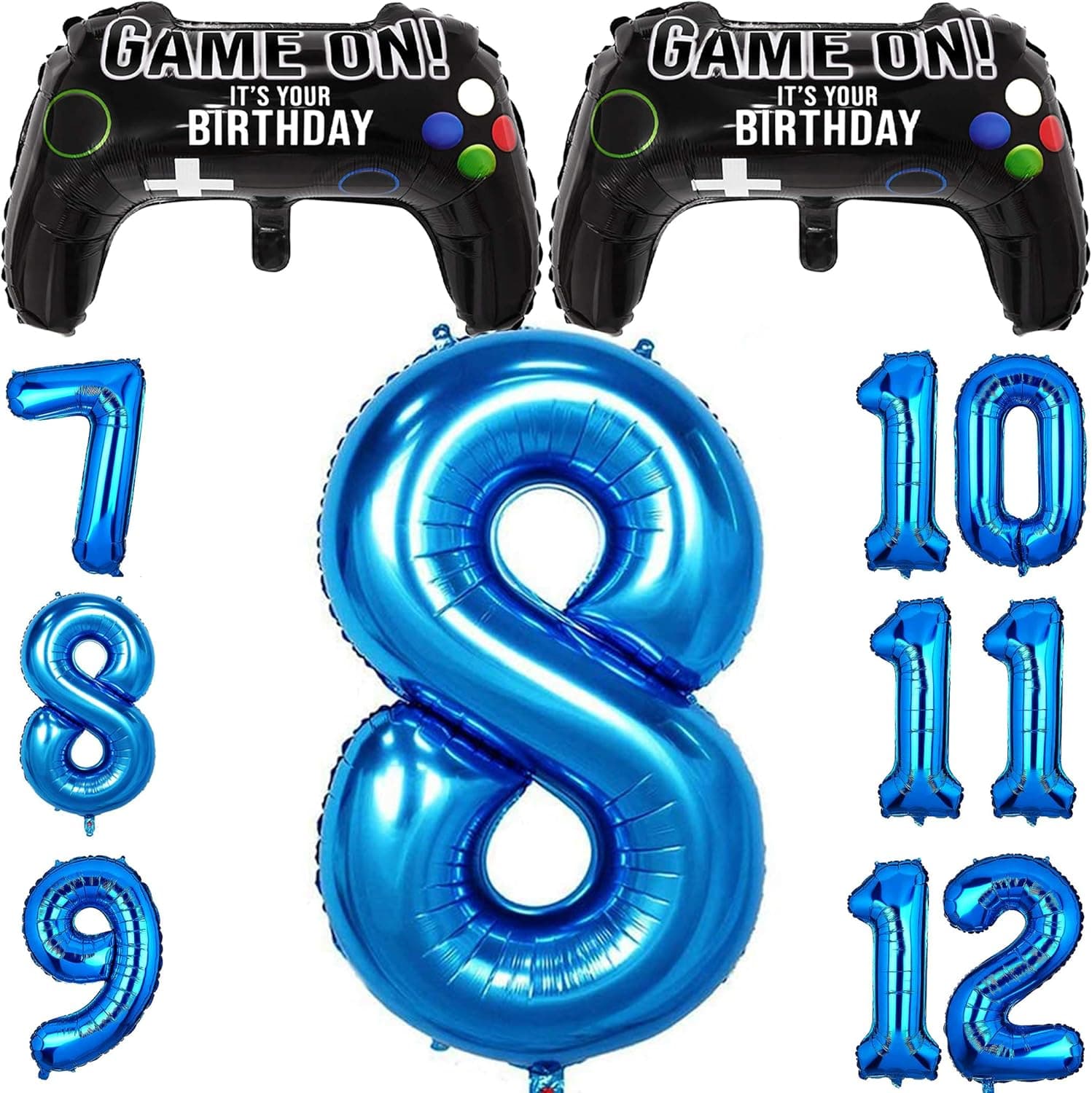 Gaming Party Supplies Pack, 40 Inch Large Helium Foil Numbers 7-12 (Number 8) & 2 Game Controllers Foil Balloons for Birthday Party Decoration (Blue 8)