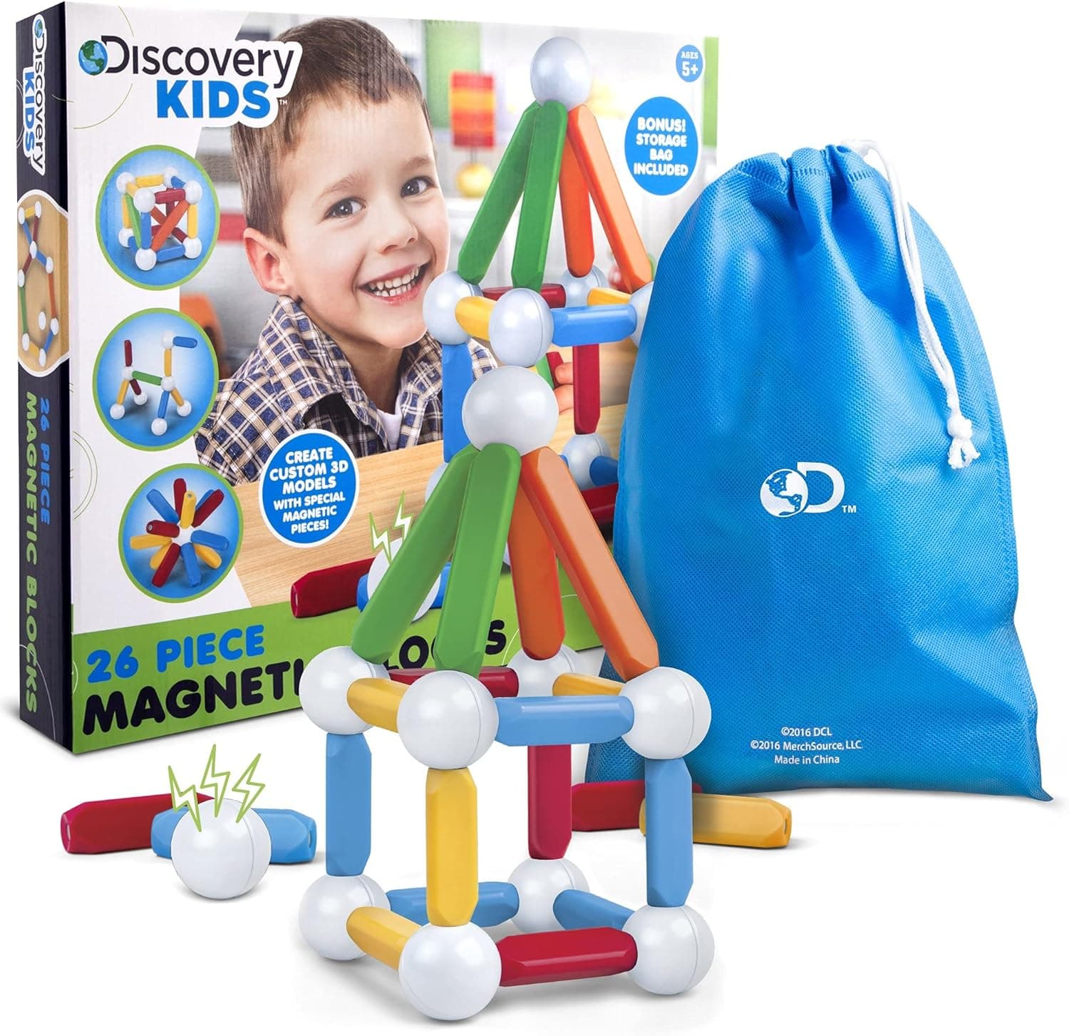 DISCOVERY KIDS 26 Piece Best Magnetic Blocks, Colorful Building Block Set for Boys/Girls, 3D Educational Creativity, STEM Toys for Children - Red, Green, Blue, Yellow, White