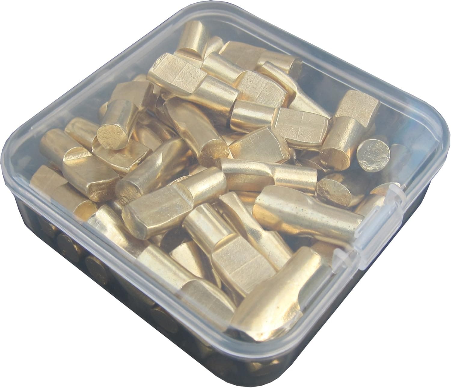 1/4-Inch Spoon Shape Shelf Rests 60Piece Set, Furniture Cabinet Closet Shelf Pegs, in Storage Box, 60-Pack (Brass)