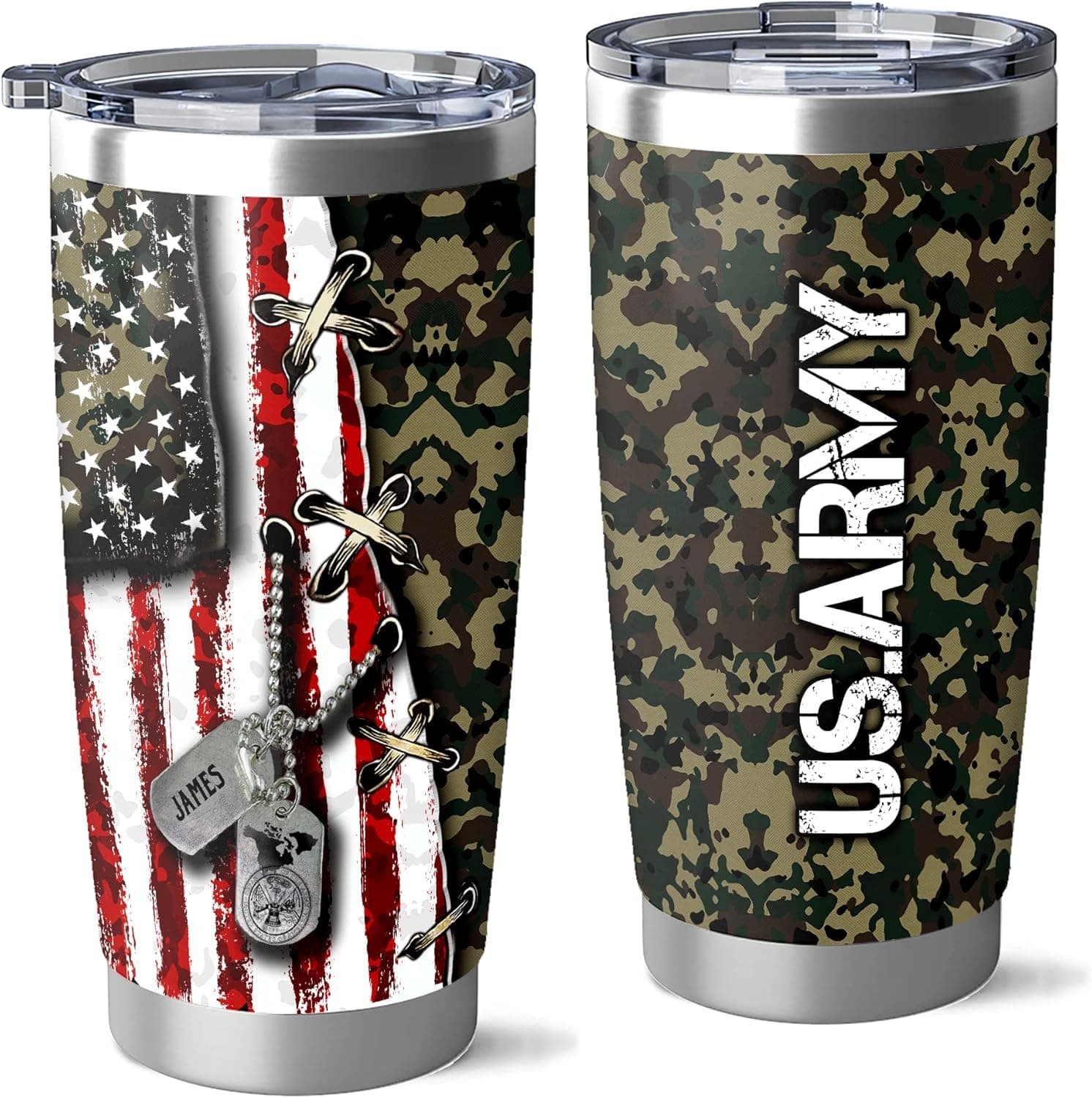DesDirect Store Army Flag American Custom Name Tumbler For Soldier, United States Flag Travel Coffee Cup For Men And Women Birthday, Ideas Presents Insulated Stainless Steel Tumbler With Lid 20Oz